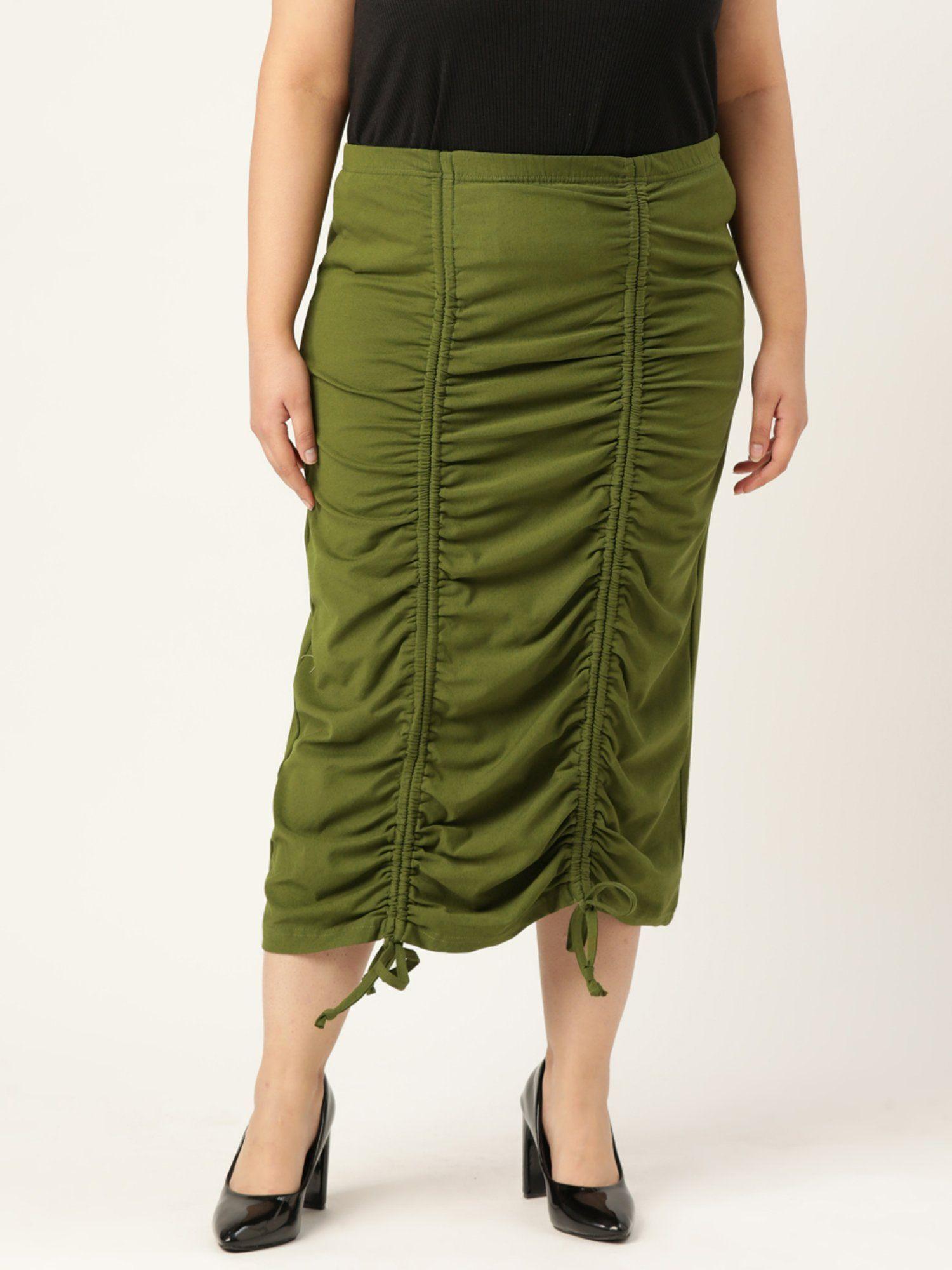 plus size womens olive green solid color pleated detail midi skirt