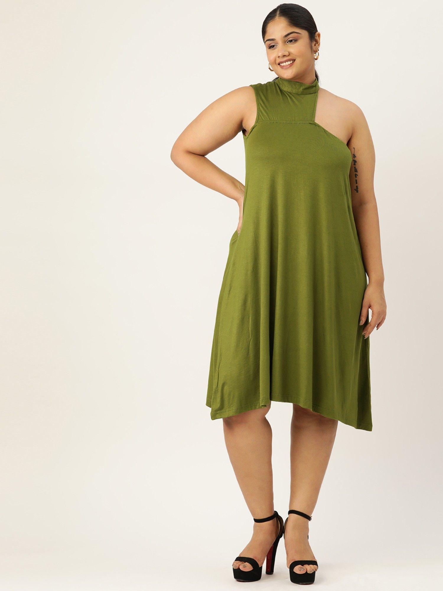 plus size womens olive green solid high neck a-line midi dress