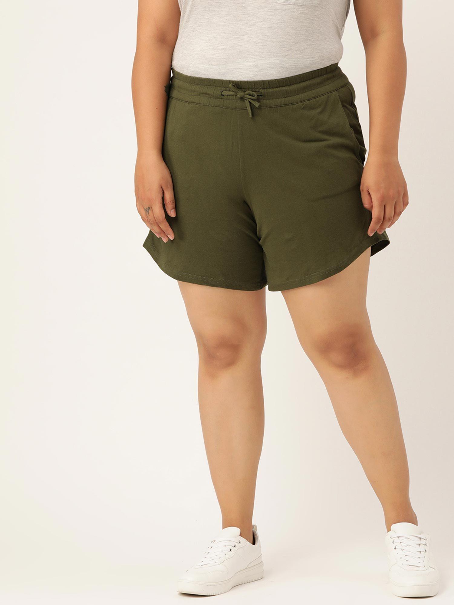 plus size womens olive green solid pure cotton regular shorts