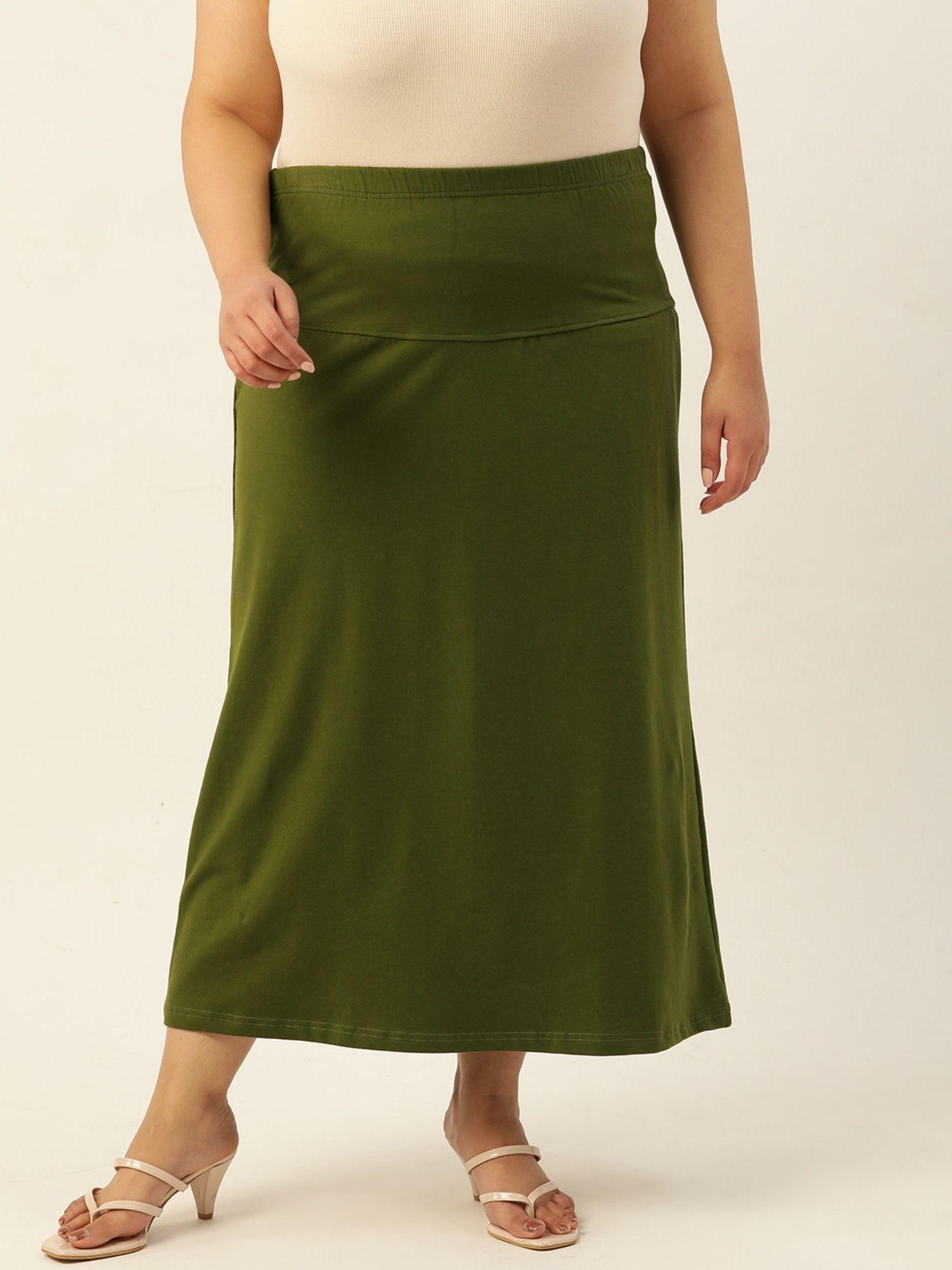 plus size womens olive solid color elastic waist midi skirt