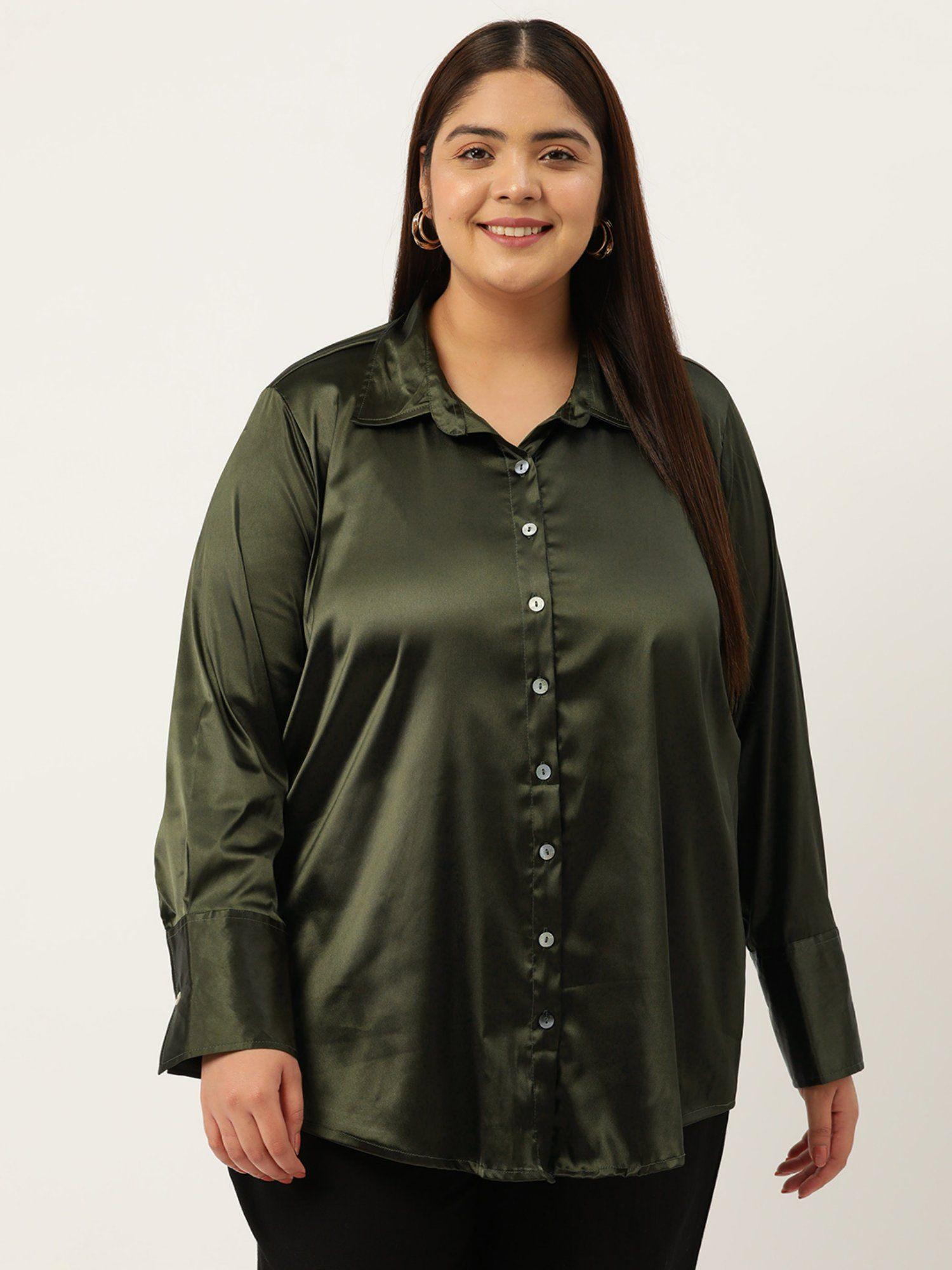 plus size womens olive solid color party wear satin shirt