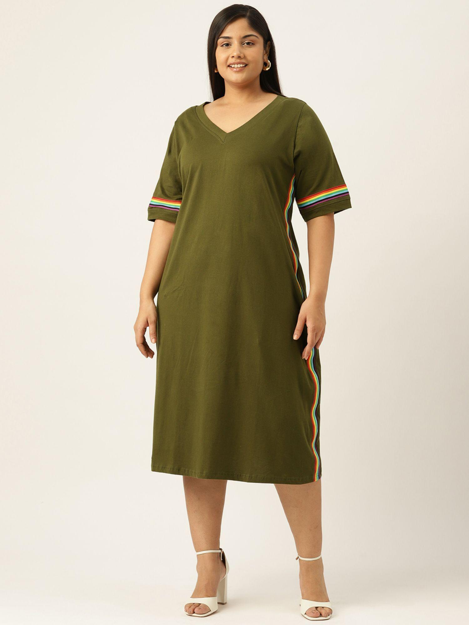 plus size womens olive solid cotton knitted a-line dress