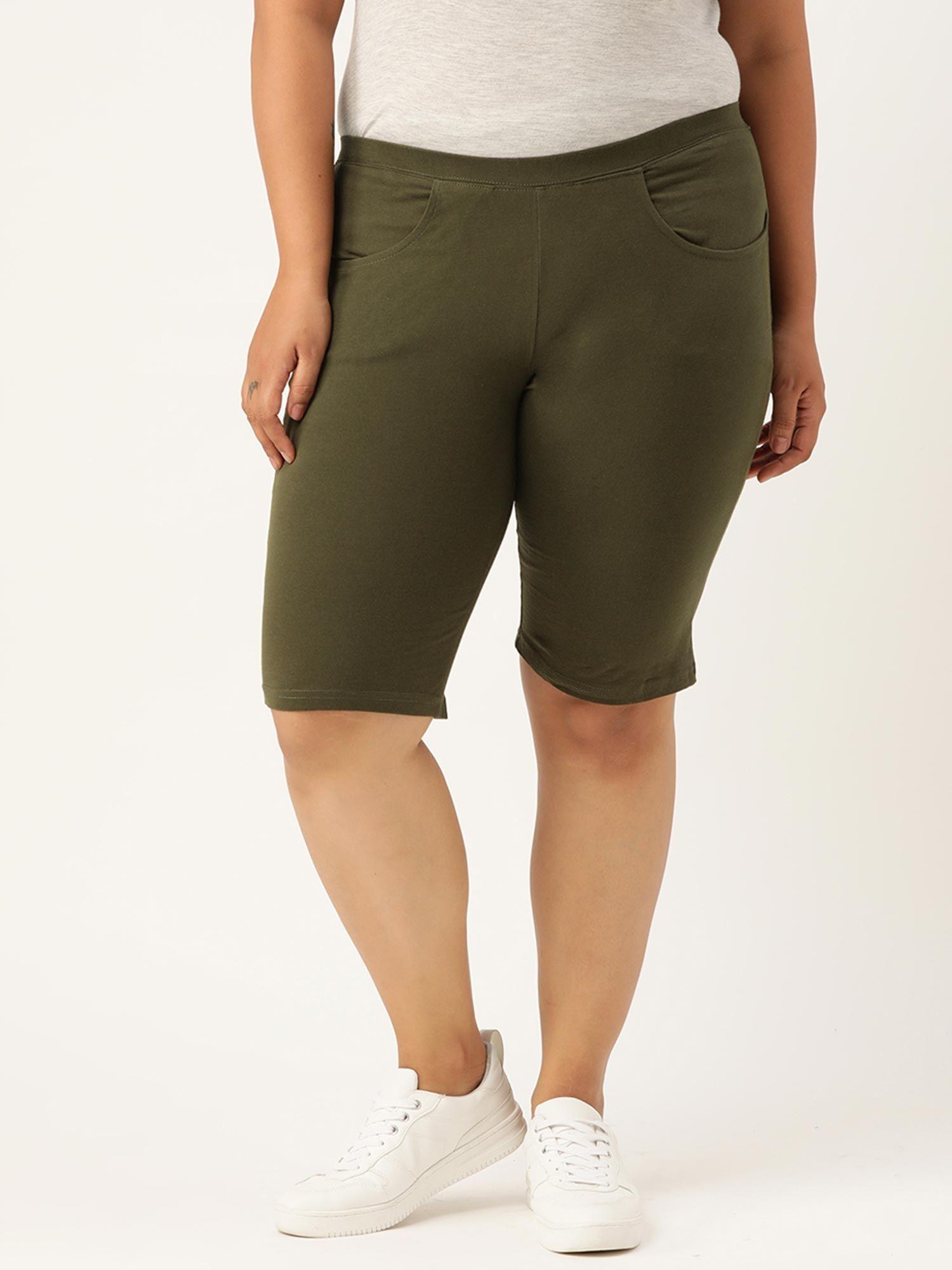 plus size womens olive solid cotton shorts