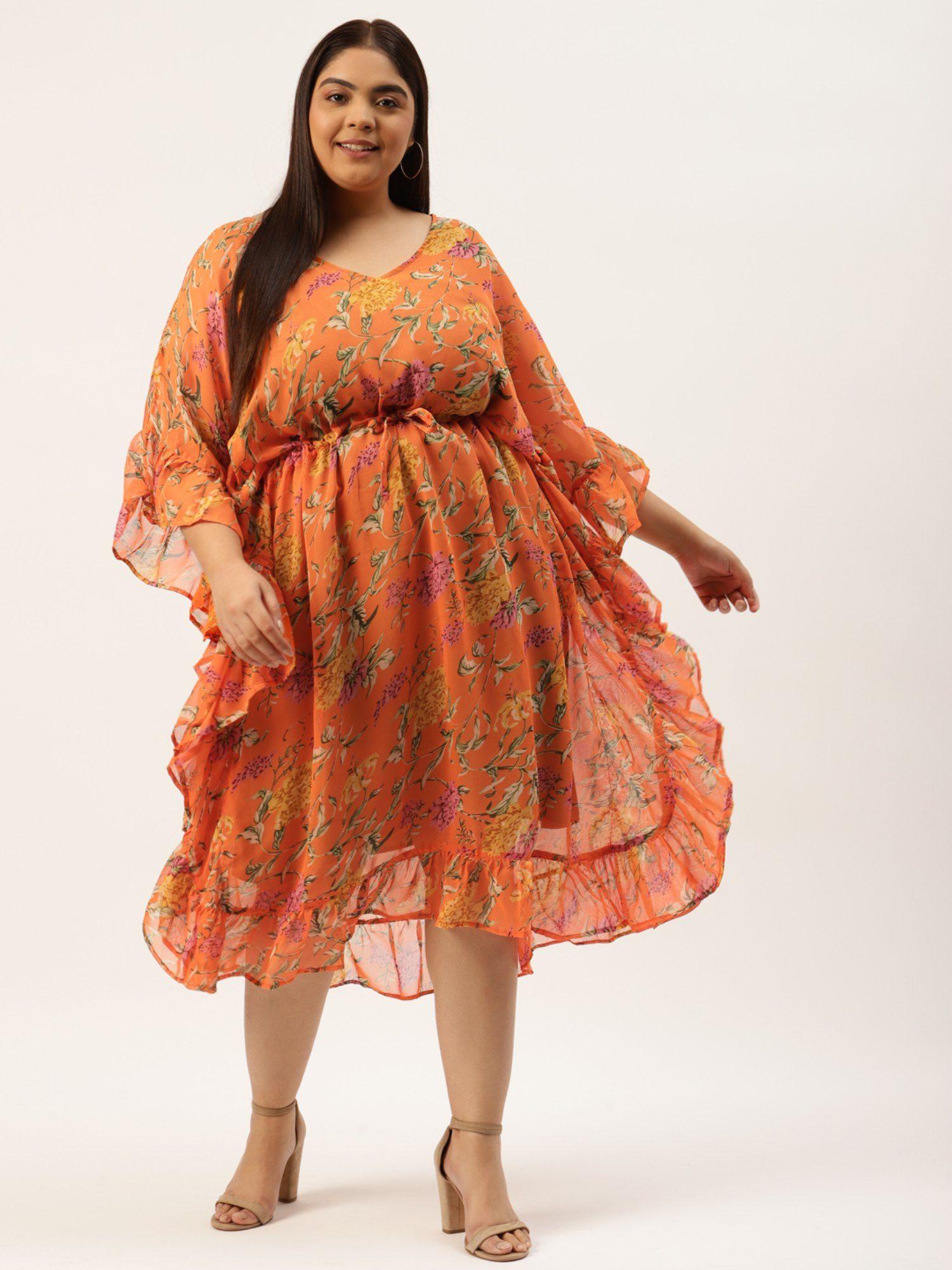 plus size womens orange & green floral printed georgette kaftan midi dress