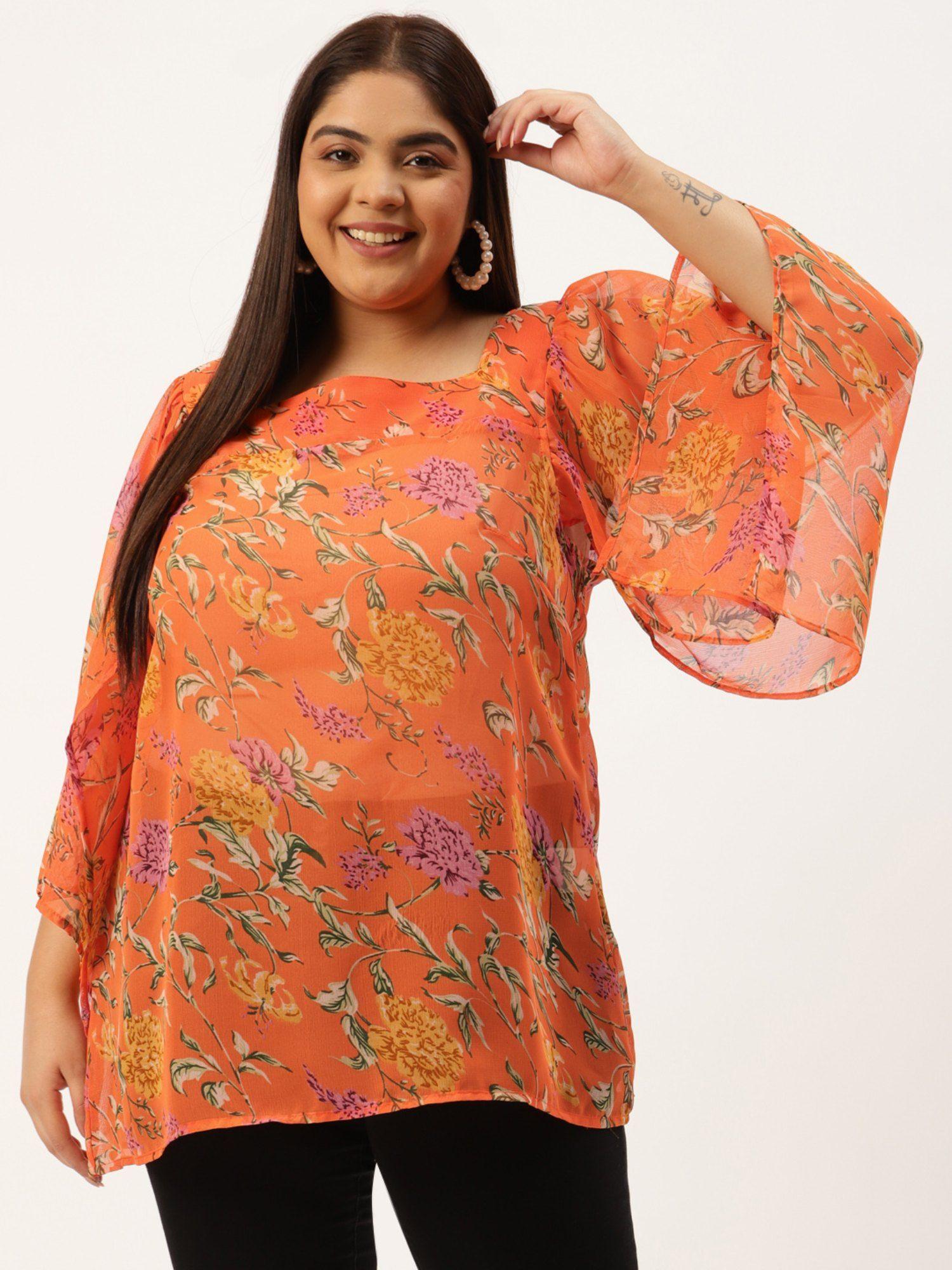 plus size womens orange & green floral printed georgette longline top