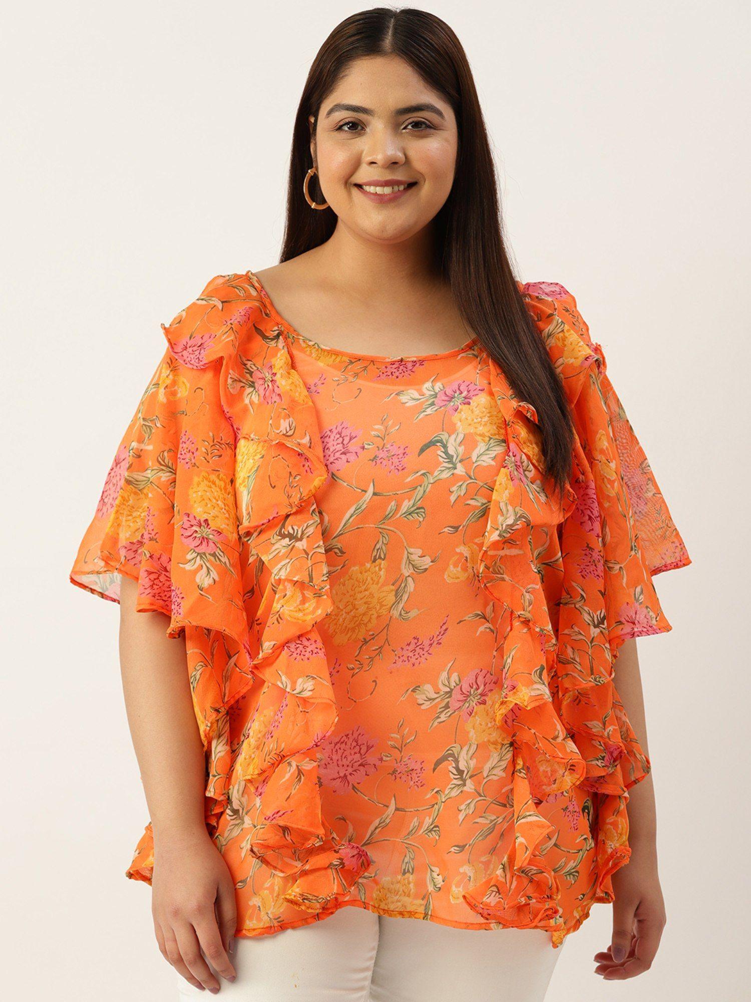 plus size womens orange floral georgette longline top