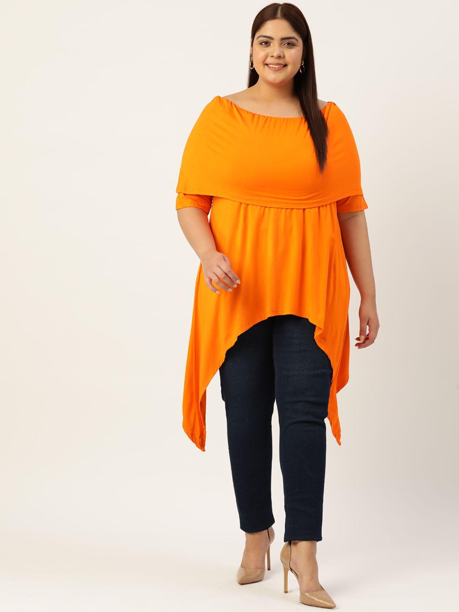 plus size womens orange solid color layered longline knitted top