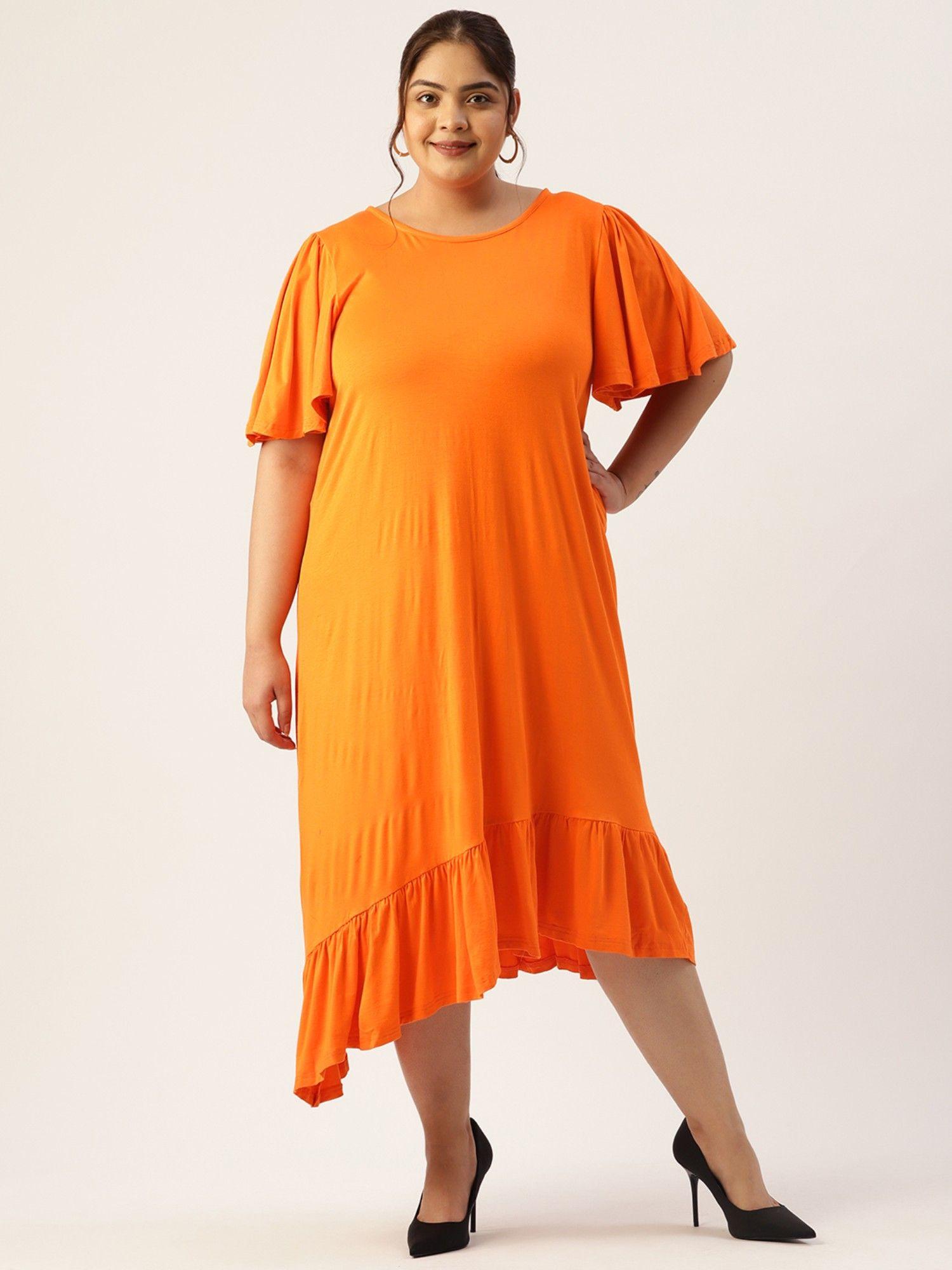 plus size womens orange solid flared sleeve a-line midi dress