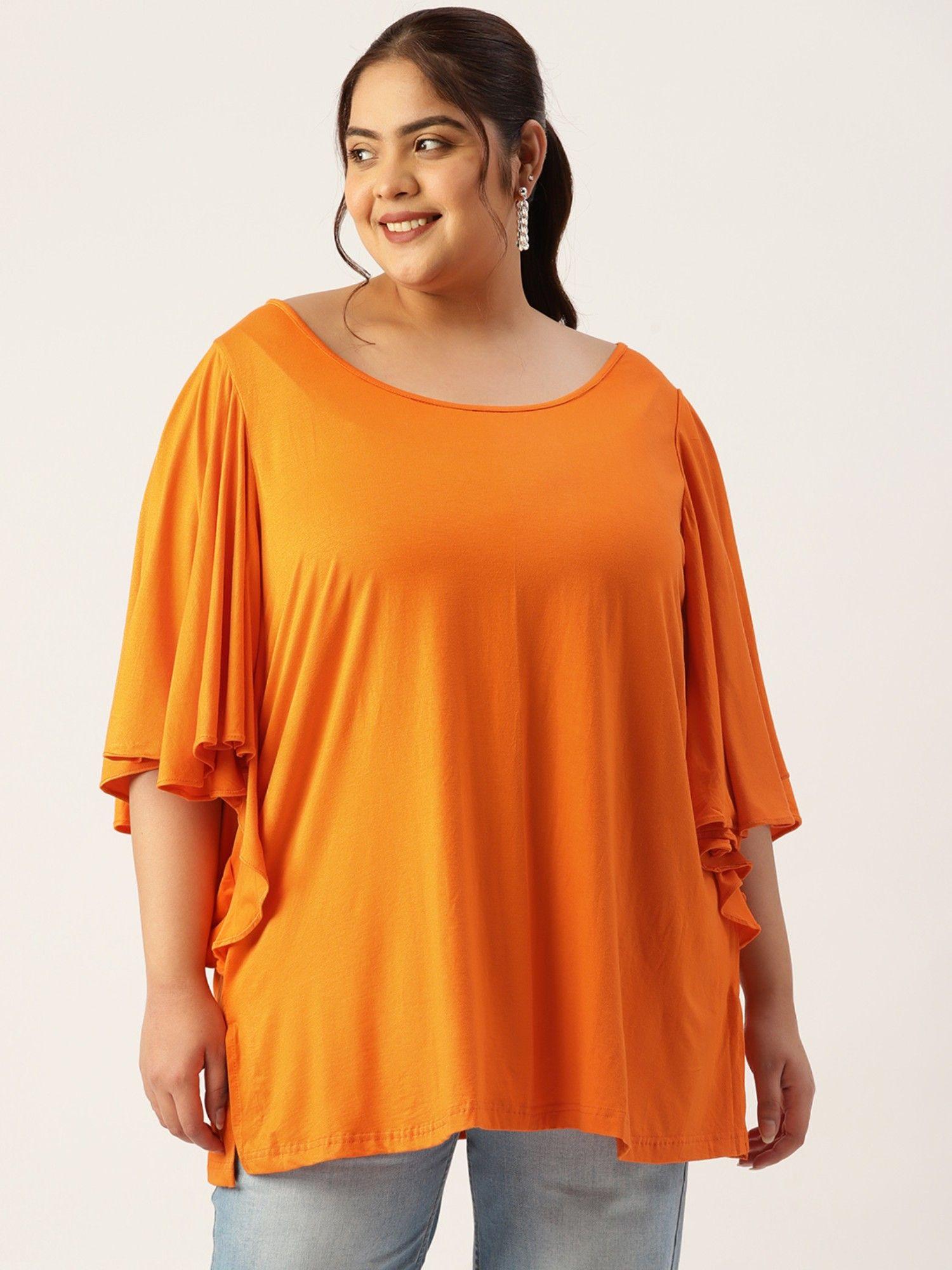 plus size womens orange solid flutter sleeve longline top