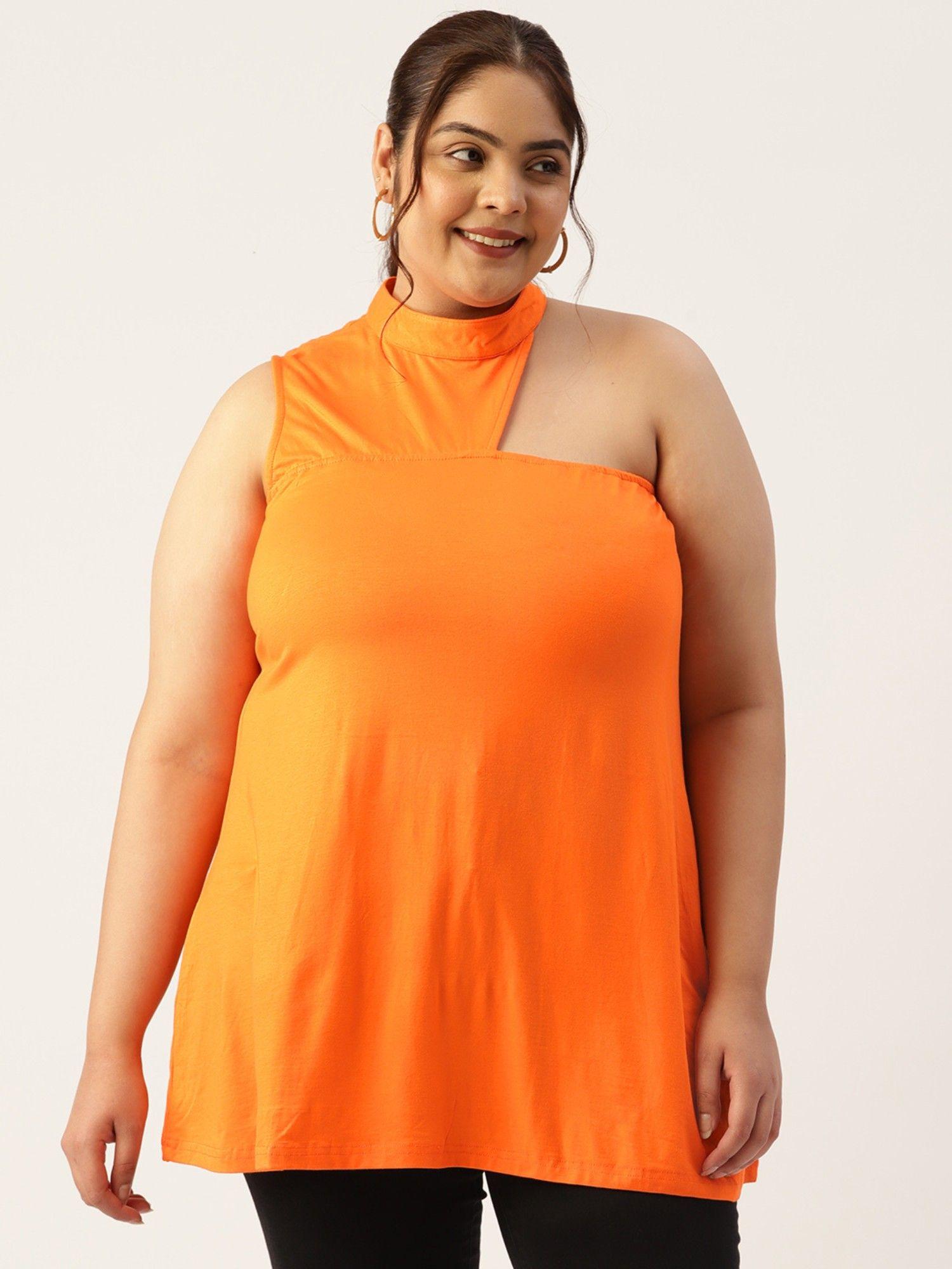 plus size womens orange solid high neck longline top