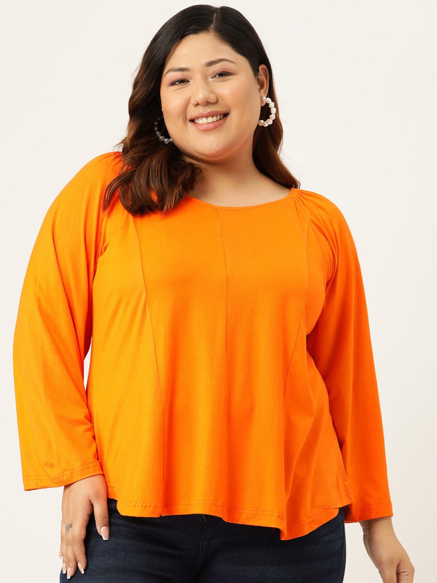 plus size womens orange solid long sleeve gather top