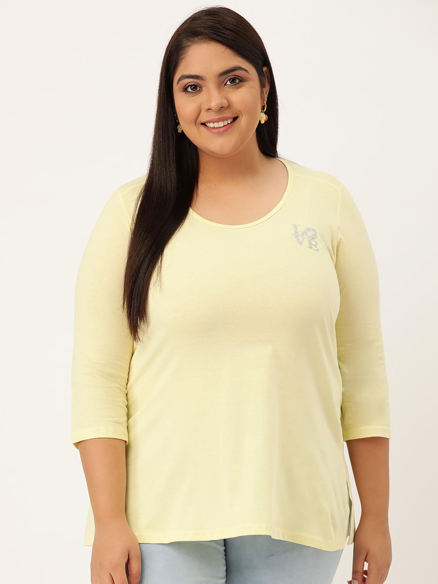 plus size womens pale yellow solid color round neck cotton 3/4th sleeve t-shirt