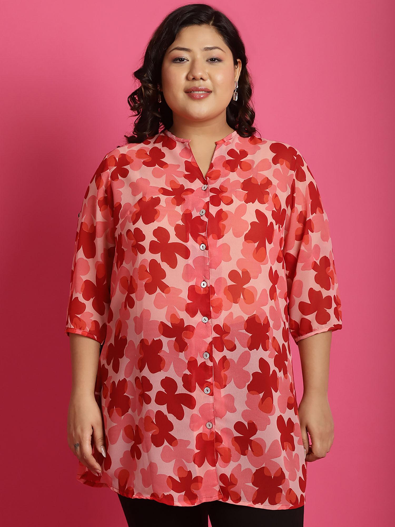 plus size womens pink, orange & red floral print longline casual shirt