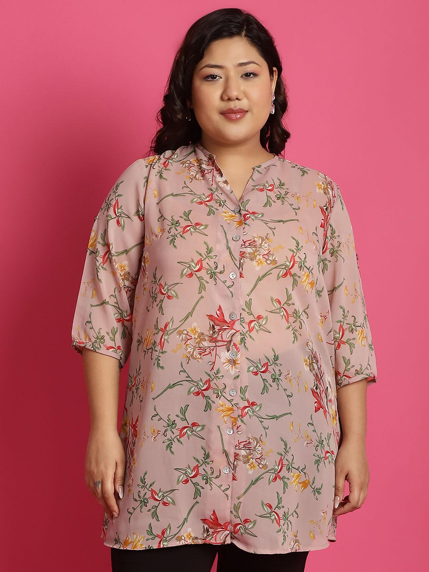 plus size womens pink, red & green floral print longline casual shirt