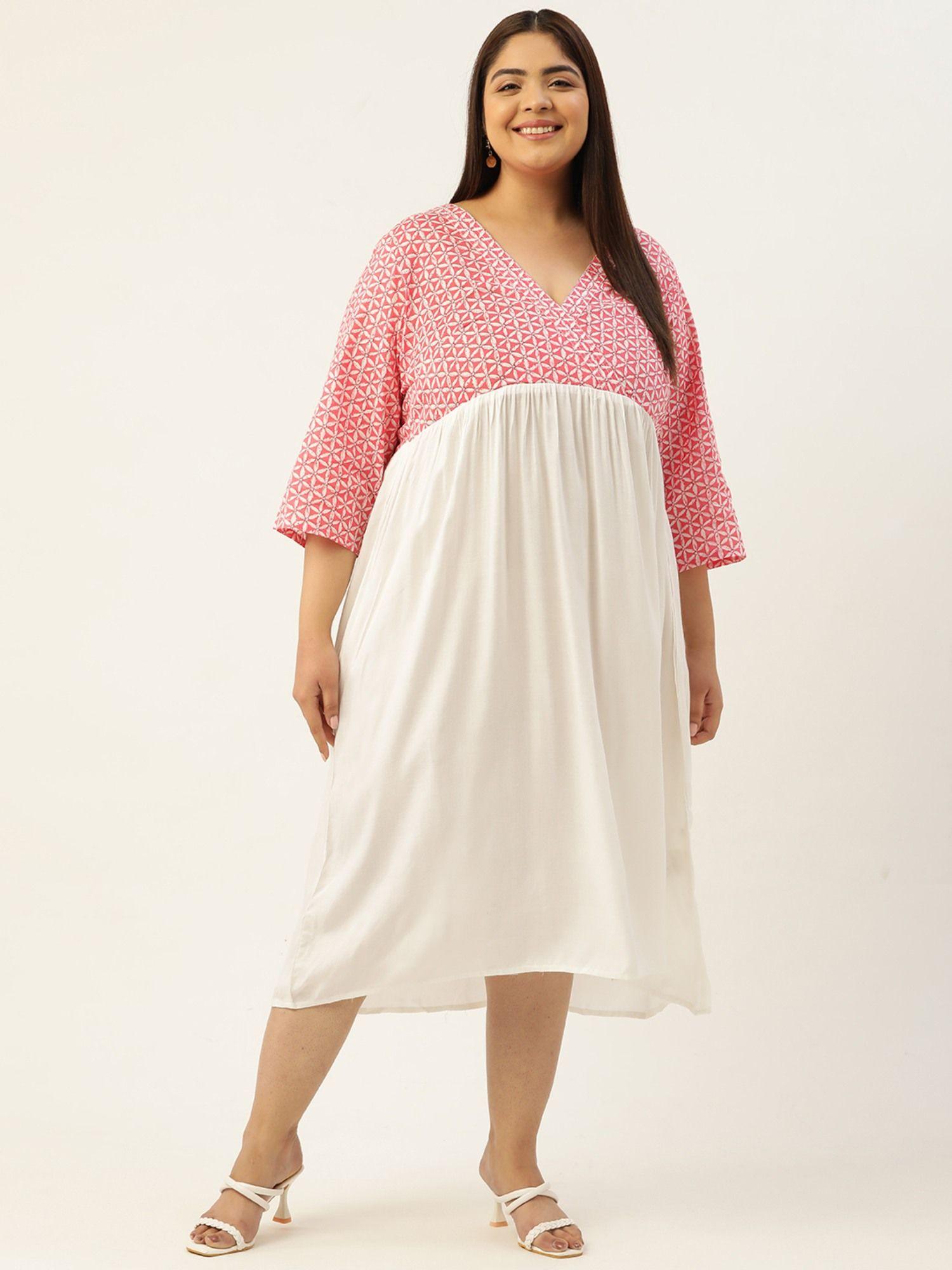 plus size womens pink & white color empire midi dress