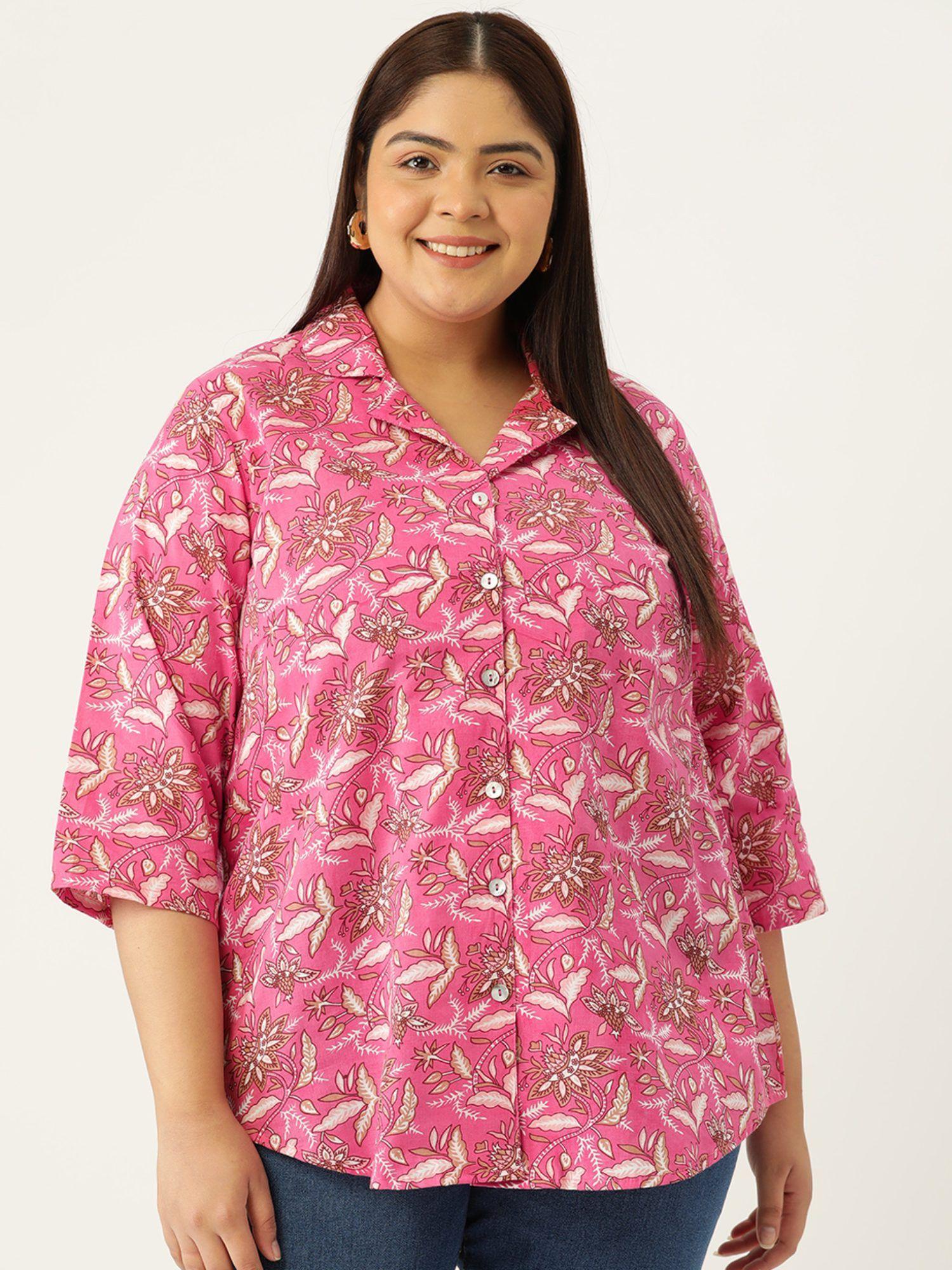 plus size womens pink floral print casual shirt