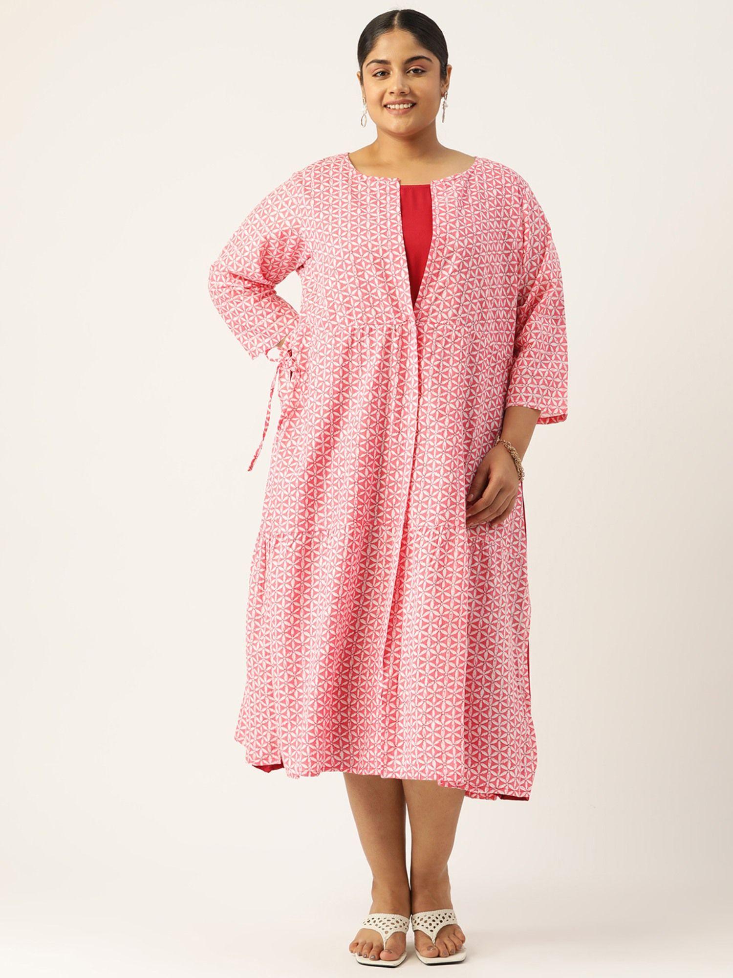 plus size womens pink floral print layered a-line midi dress
