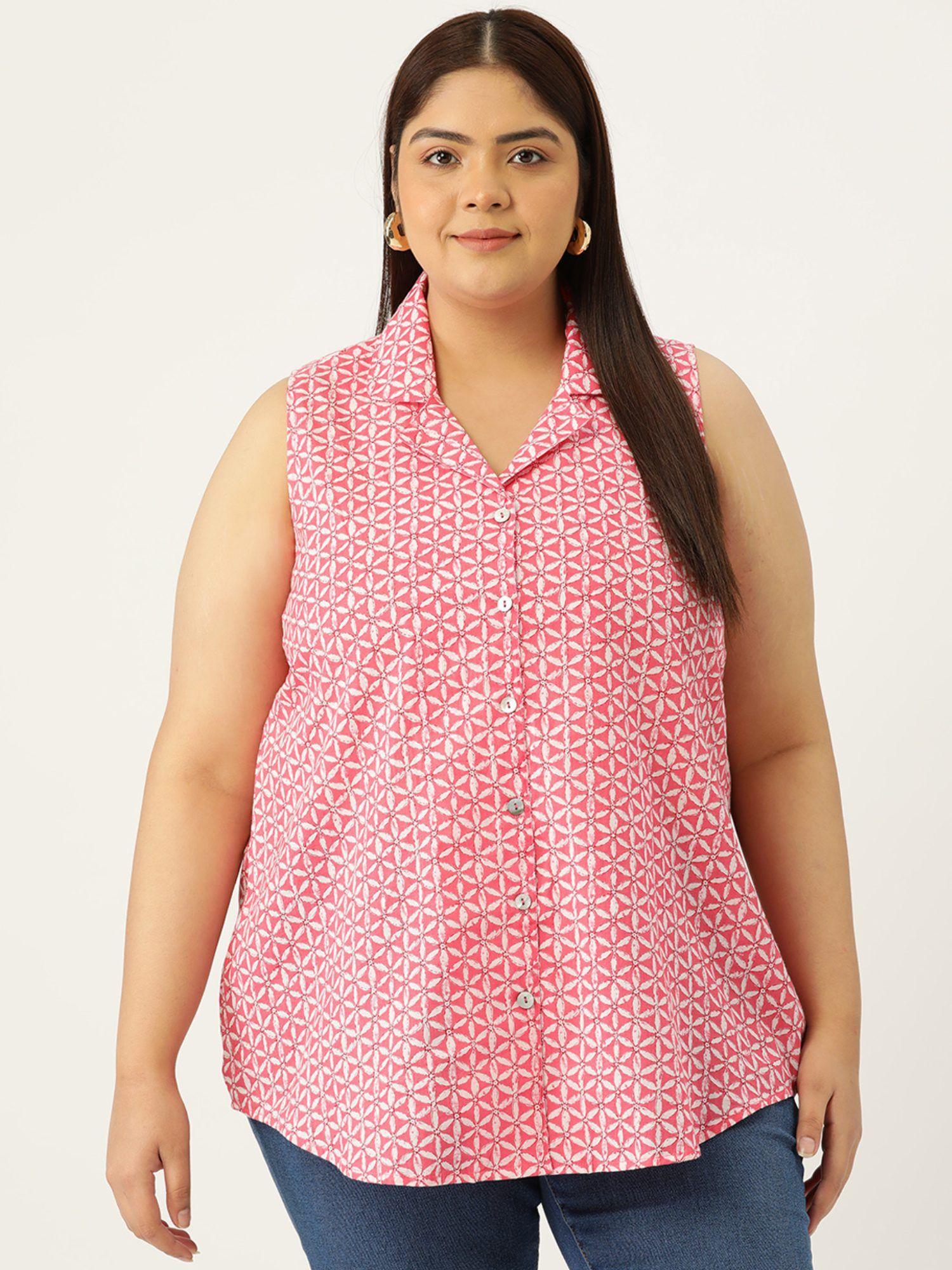 plus size womens pink floral print sleeveless casual shirt