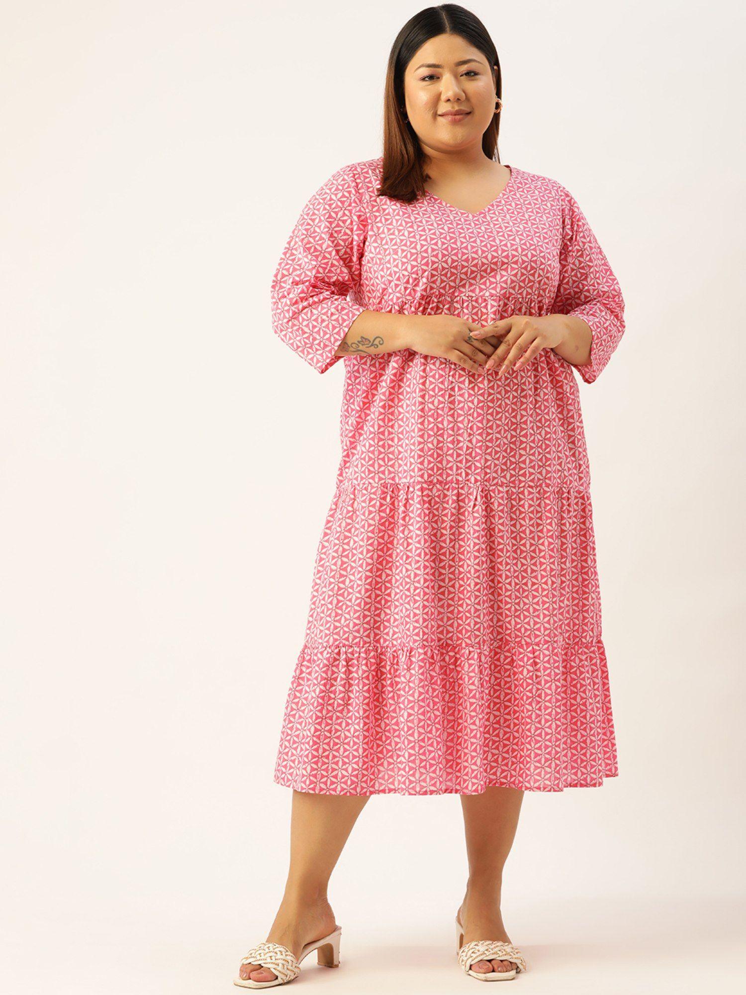 plus size womens pink floral printed a-line cotton dress