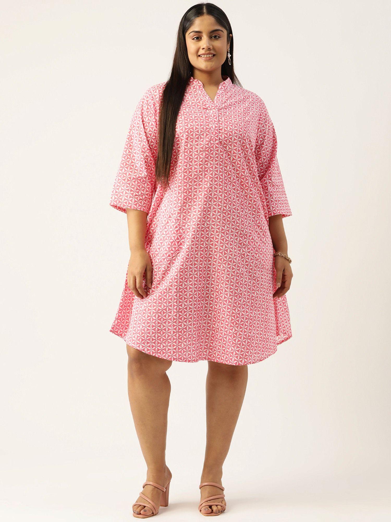 plus size womens pink floral printed curved hem knee length dress