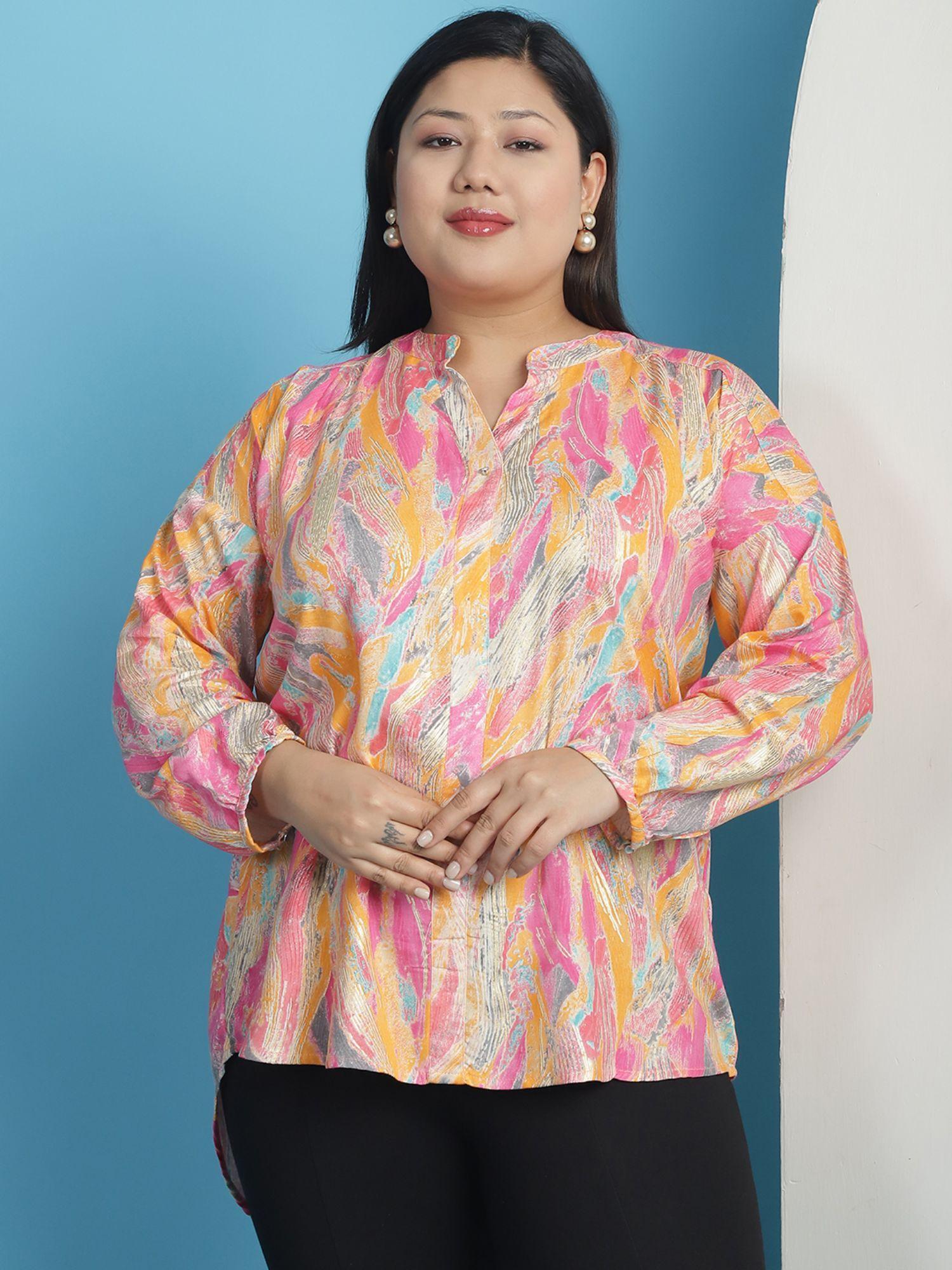 plus size womens pink foil printed mandarin collar tunic