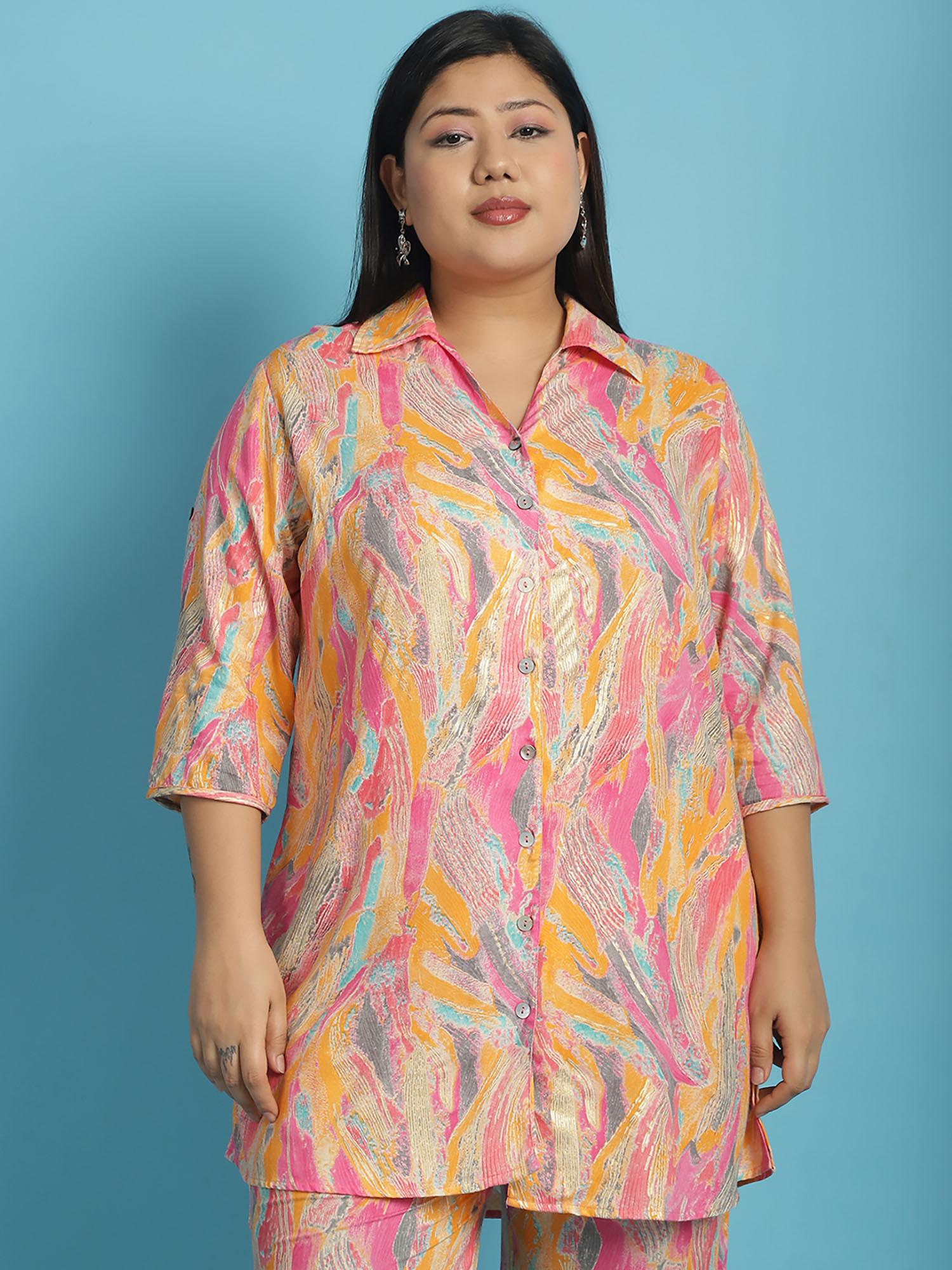 plus size womens pink gold foil printed casual shirt