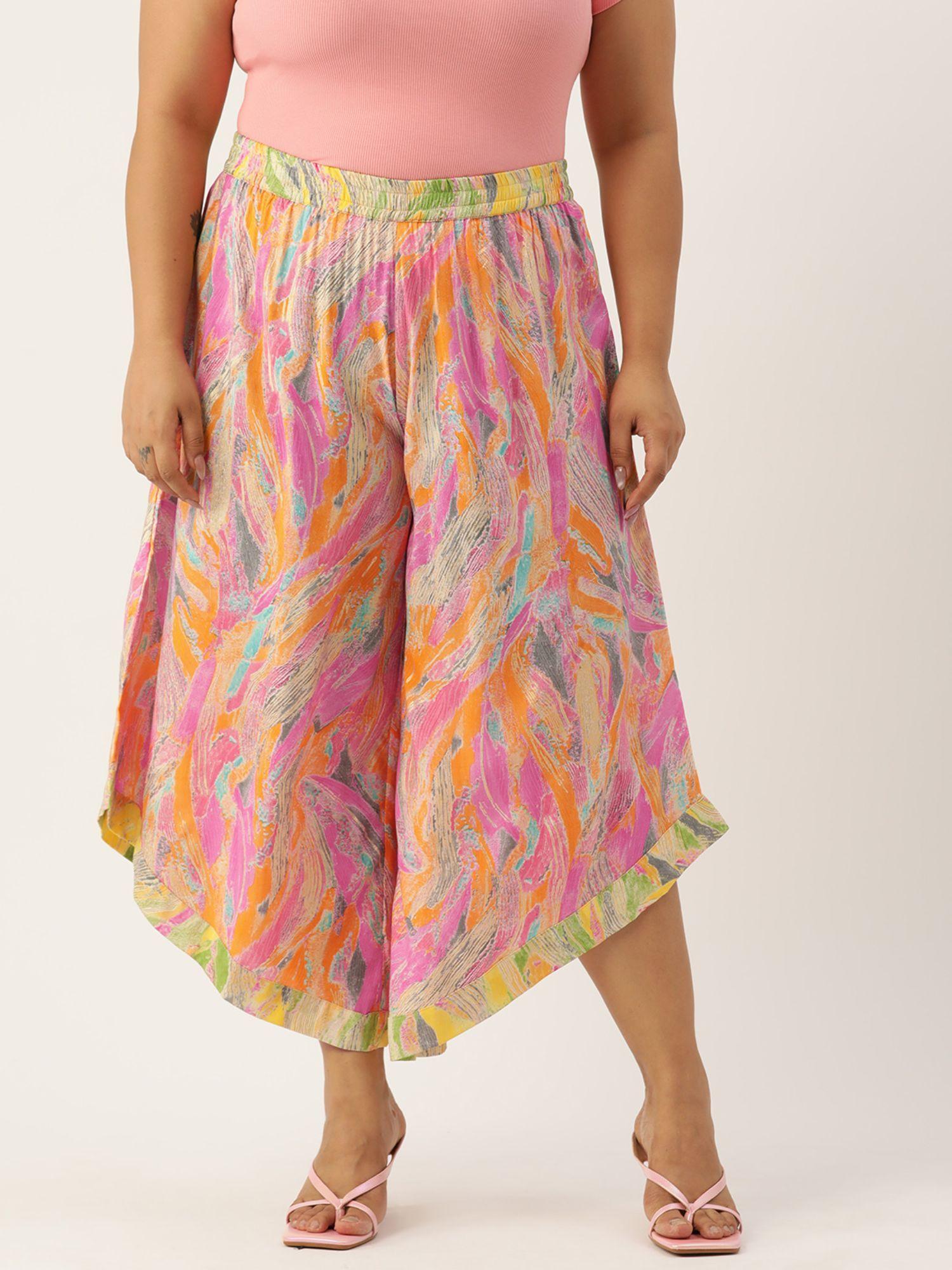 plus size womens pink gold foil printed high-rise relaxed culottes