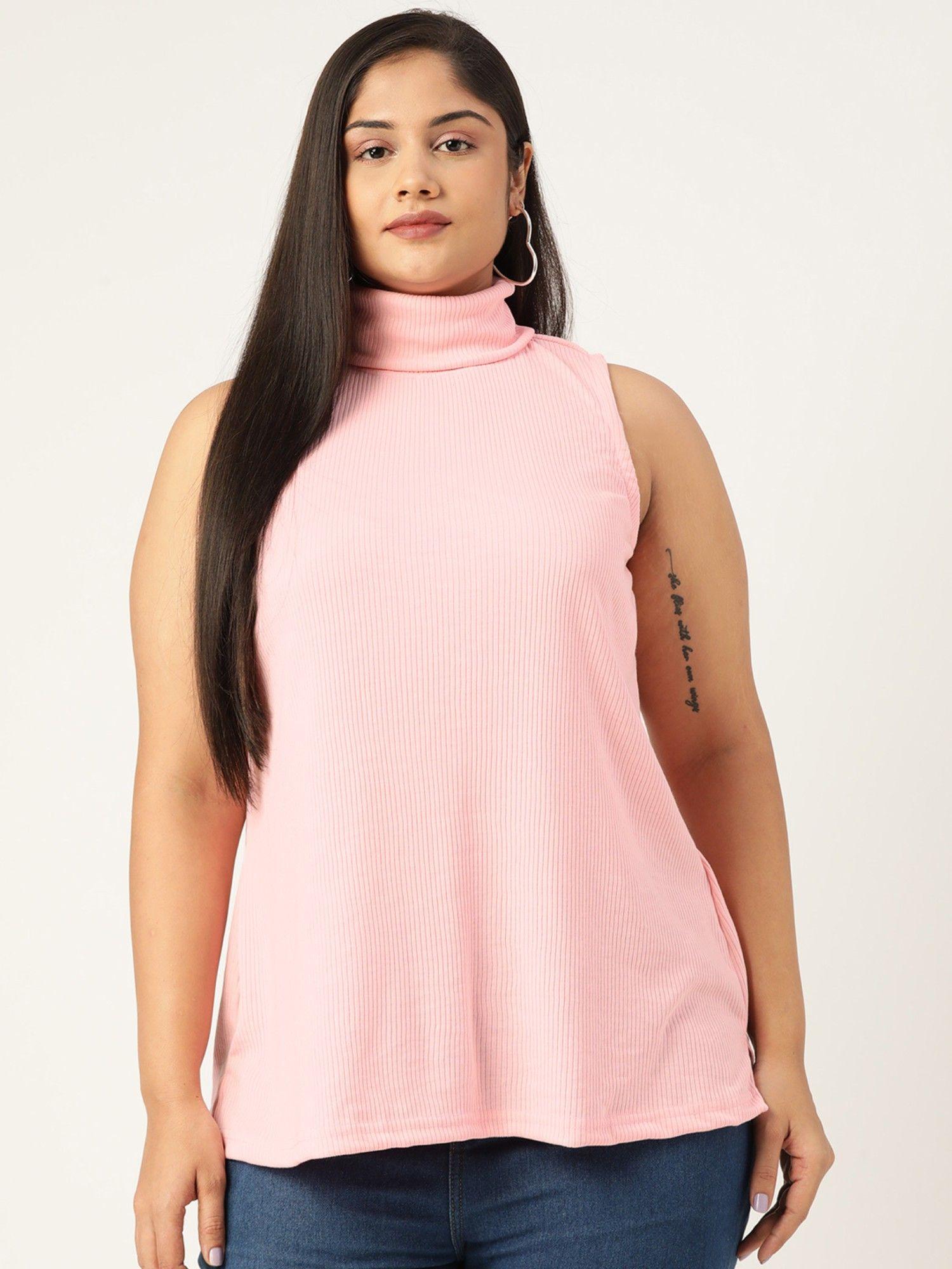 plus size womens pink solid color cotton ribbed top