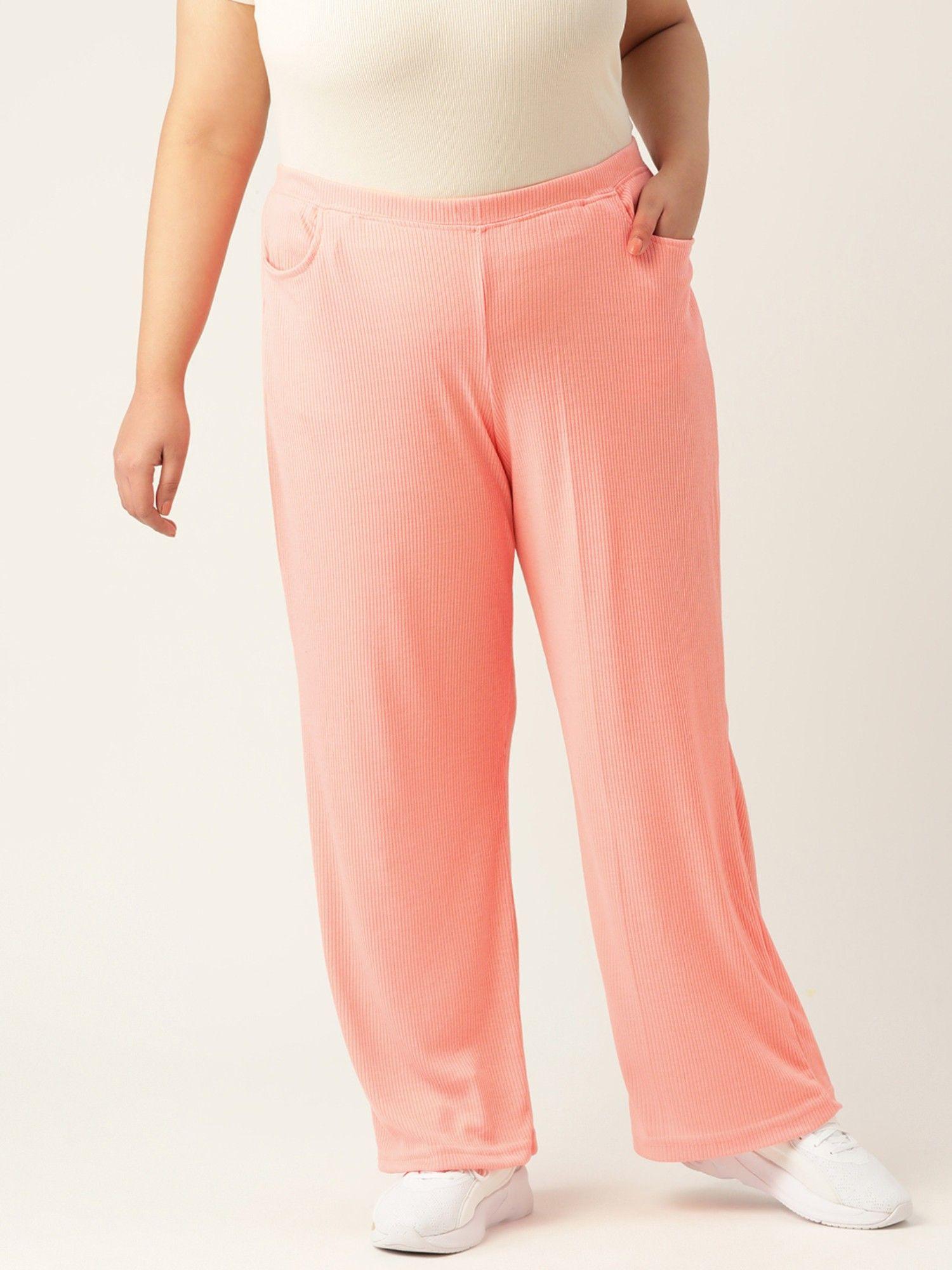 plus size womens pink solid color cotton ribbed trouser