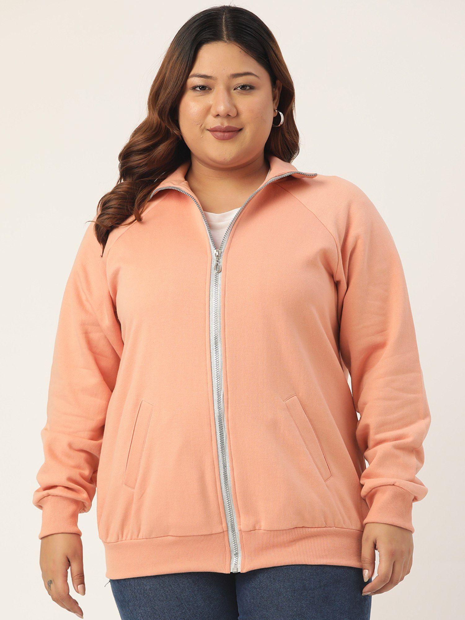 plus size womens pink solid color longline sporty winter jacket