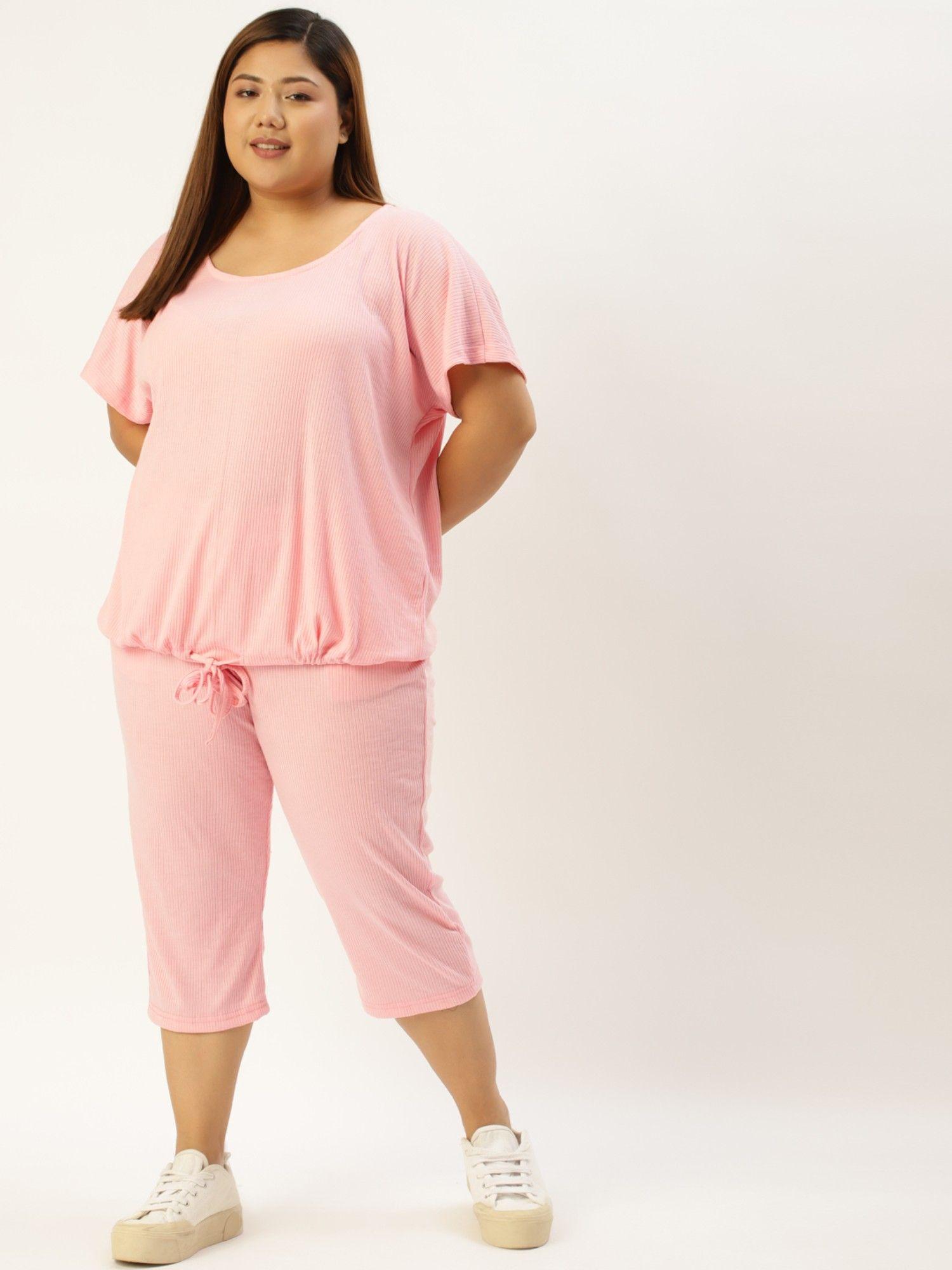 plus size womens pink solid color ribbed top & capri set (set of 2)