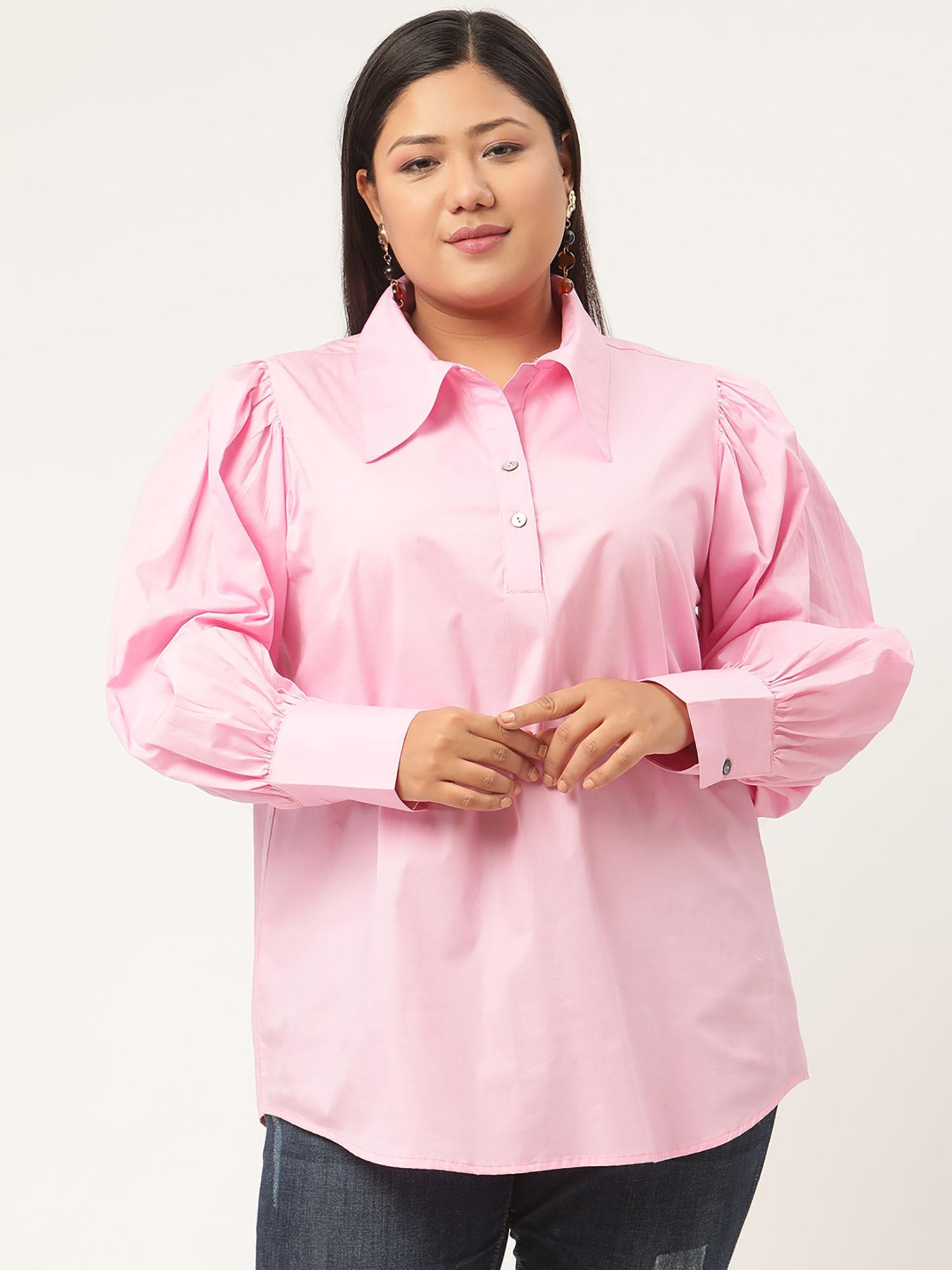 plus size womens pink solid color shirt style top