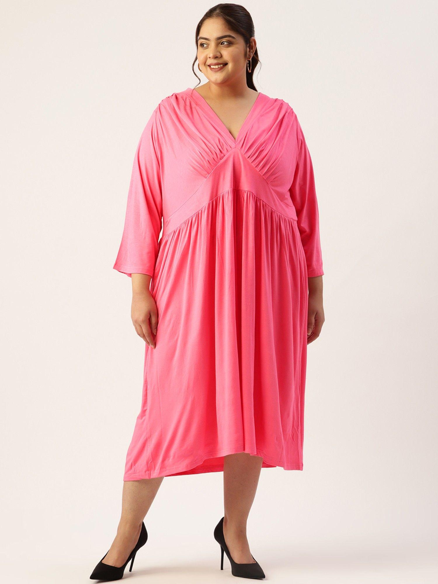 plus size womens pink solid gather detail a-line midi dress