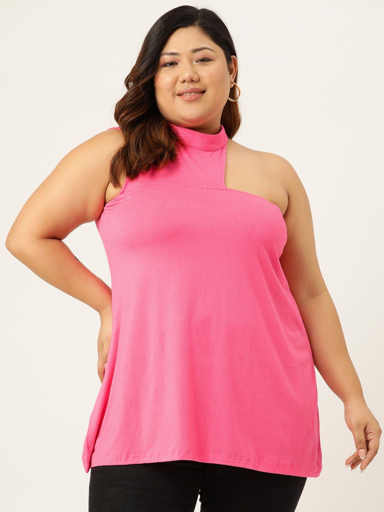 plus size womens pink solid high neck longline top