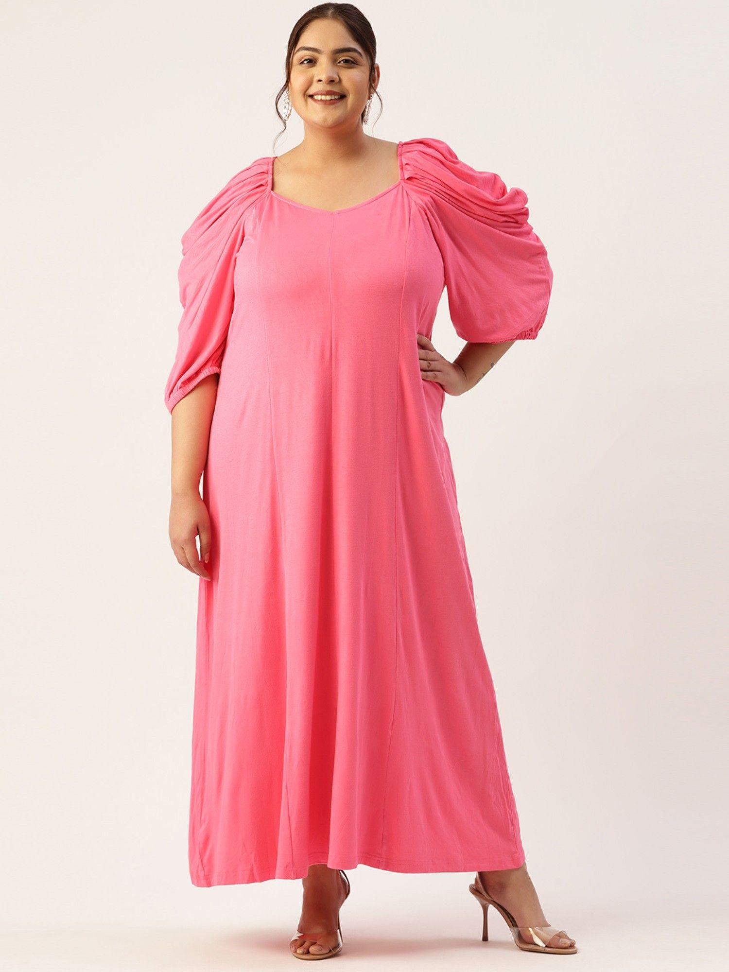 plus size womens pink solid puff sleeve a-line maxi dress