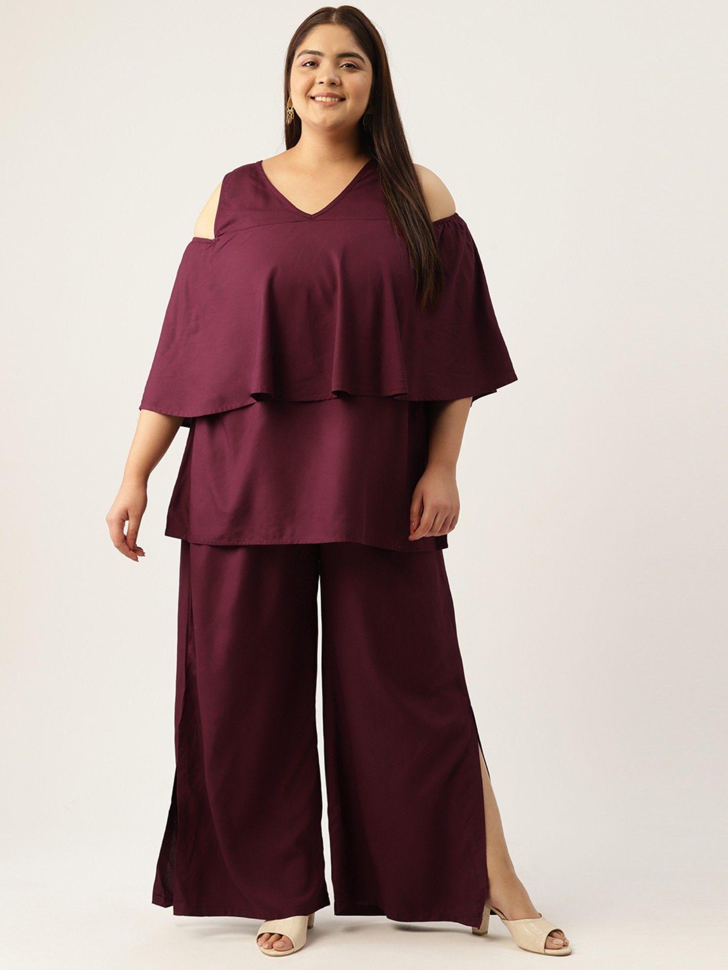 plus size womens plum solid cold shoulder top with palazzo (set of 2)