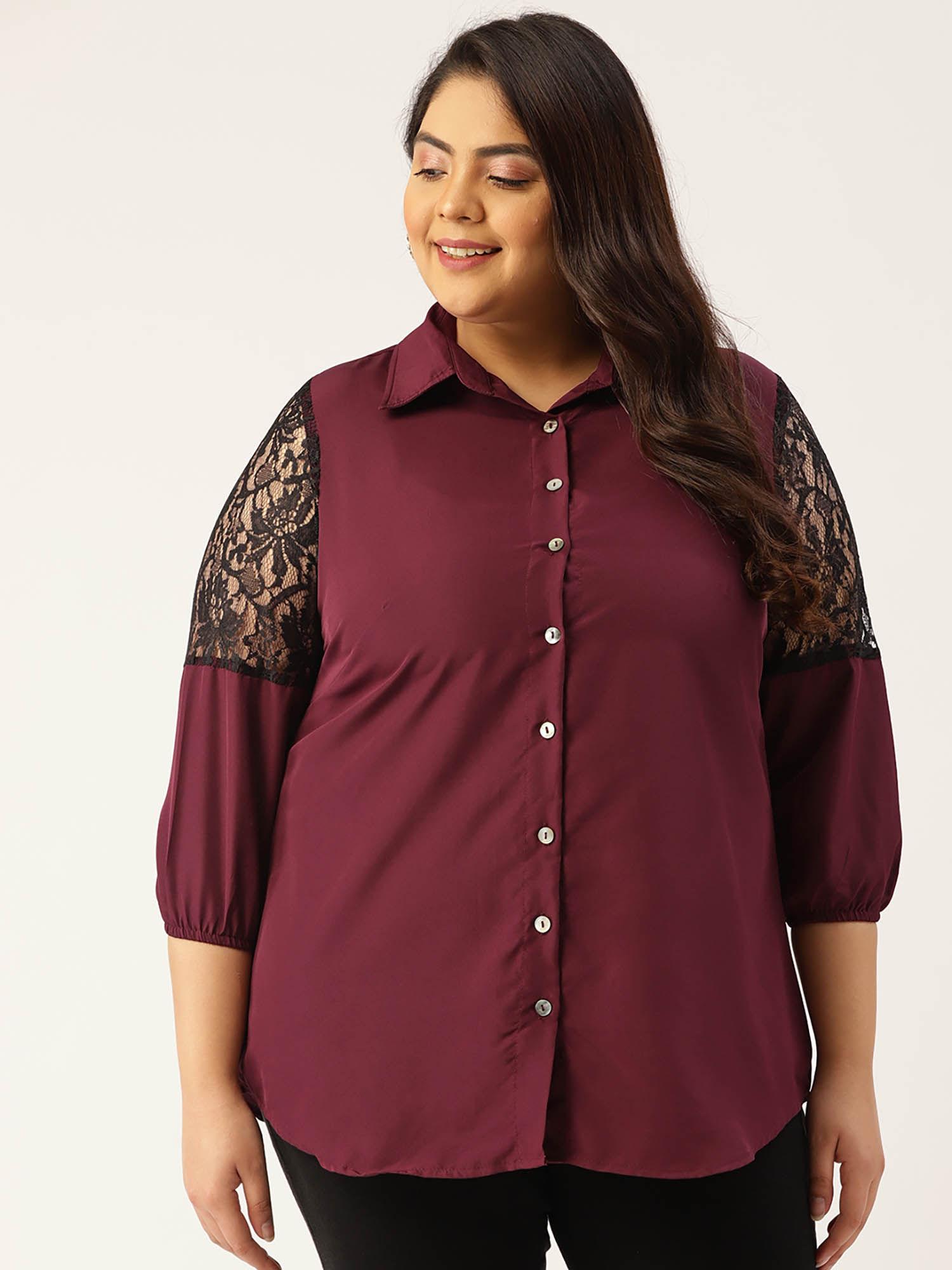 plus size womens plum solid color lace detail shirt