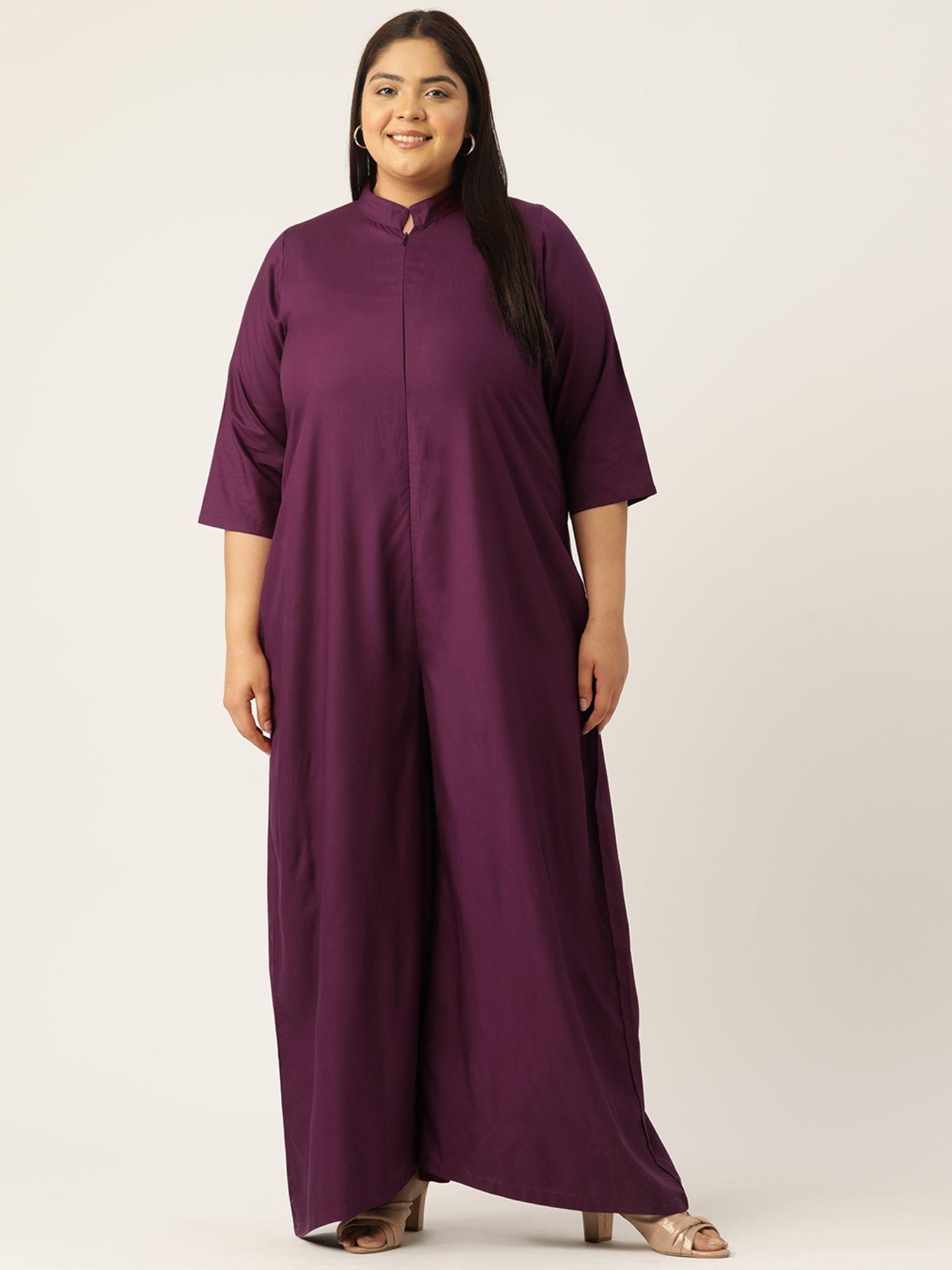 plus size womens plum solid color mandarin collar basic jumpsuit