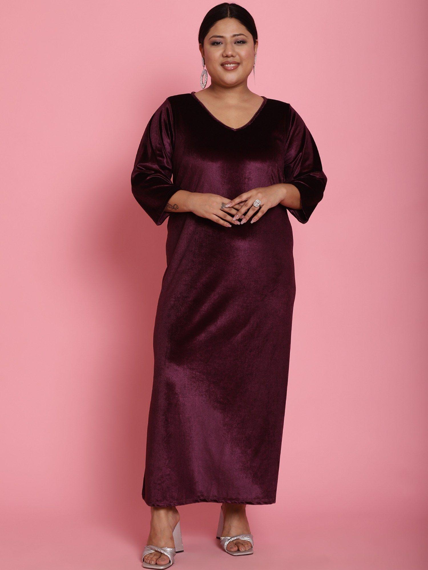 plus size womens plum solid color velvet a-line maxi dress