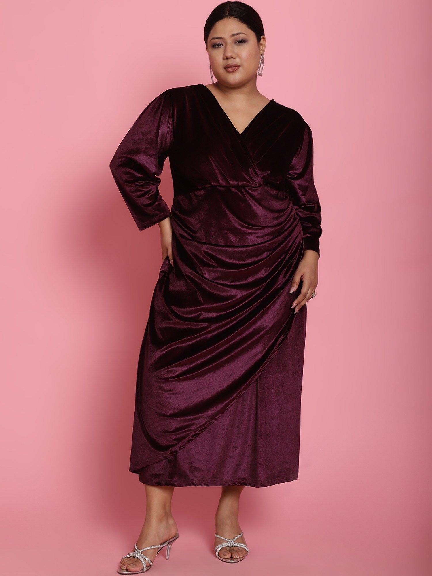 plus size womens plum solid color velvet a-line midi dress