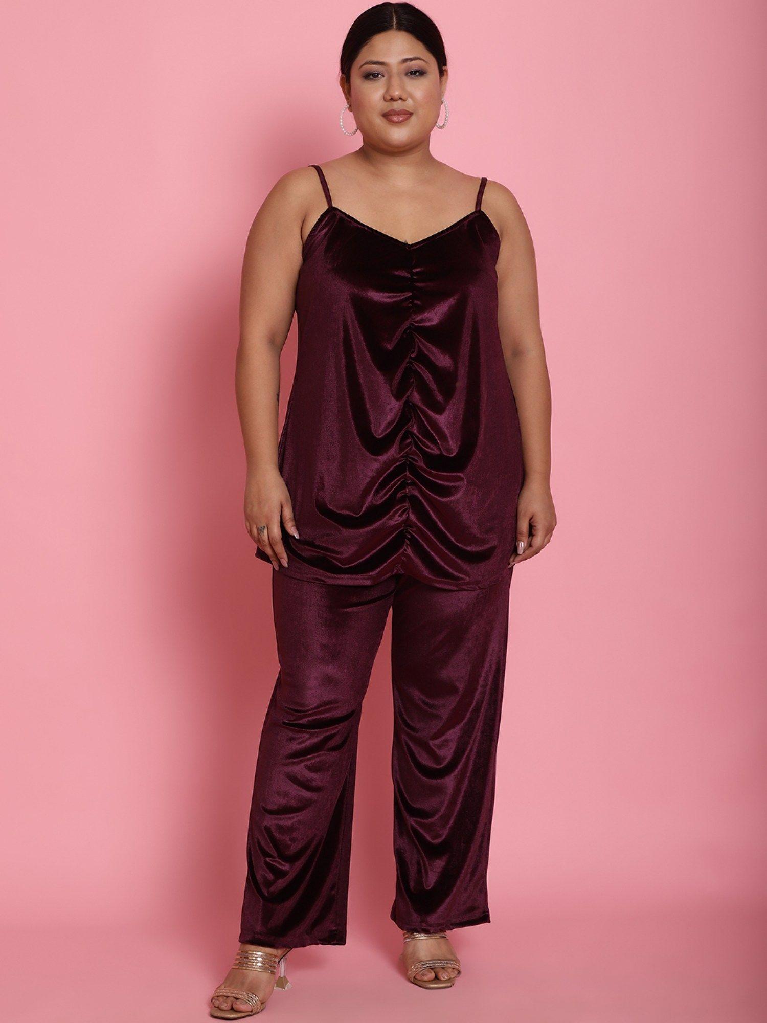 plus size womens plum solid color velvet gathered top with trousers (set of 2)