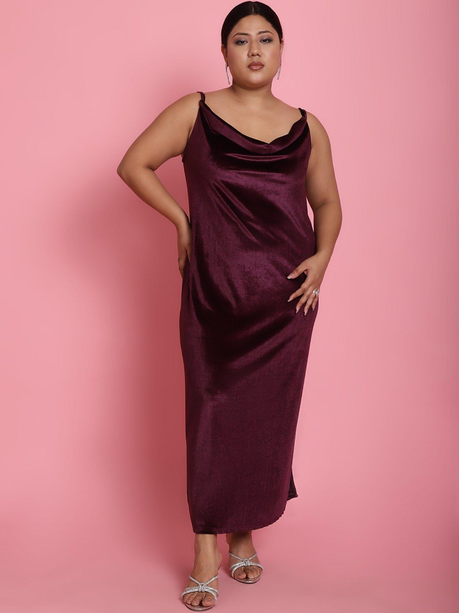 plus size womens plum solid color velvet party wear maxi dress