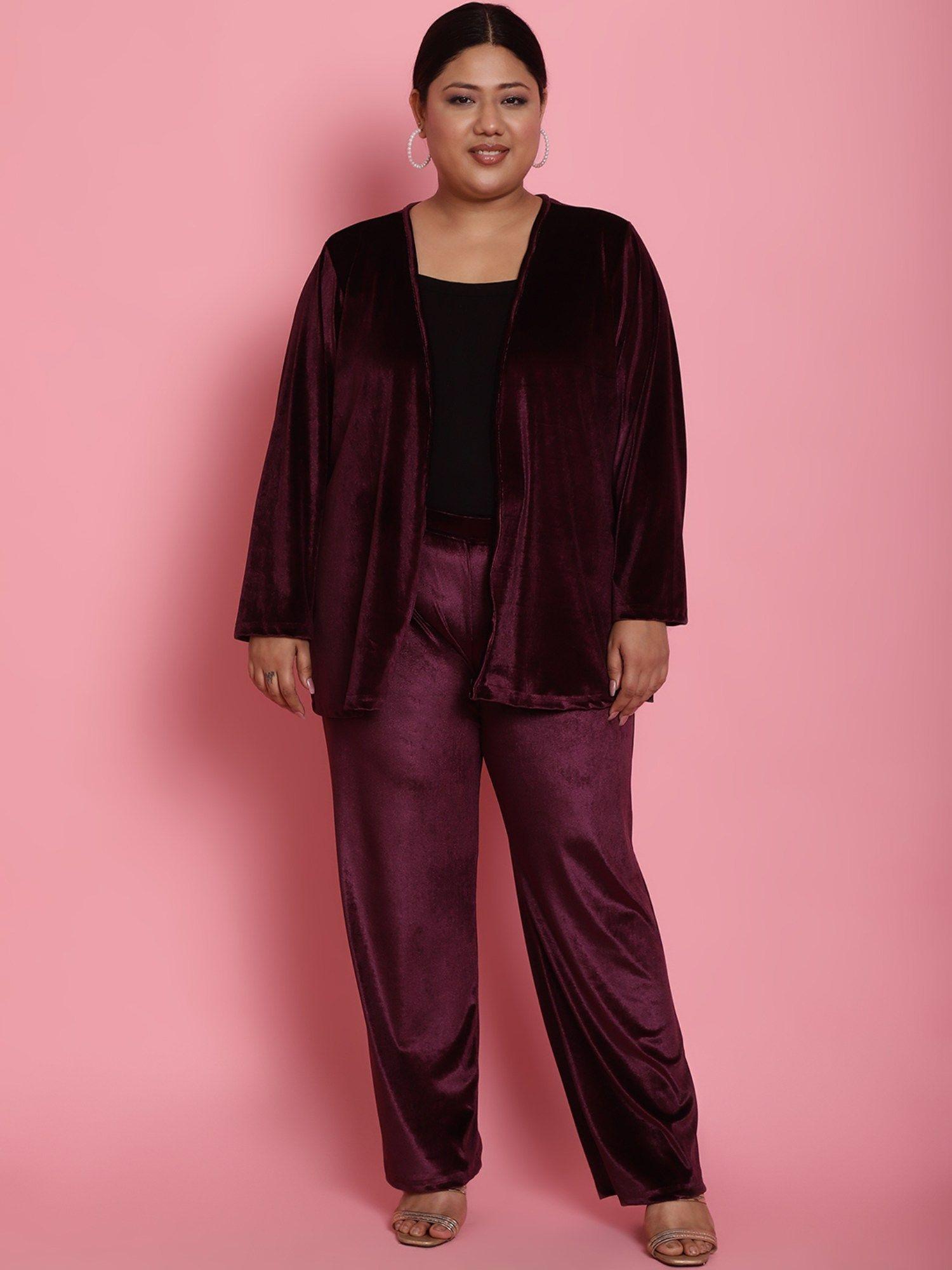 plus size womens plum solid color velvet shrug with trousers (set of 2)