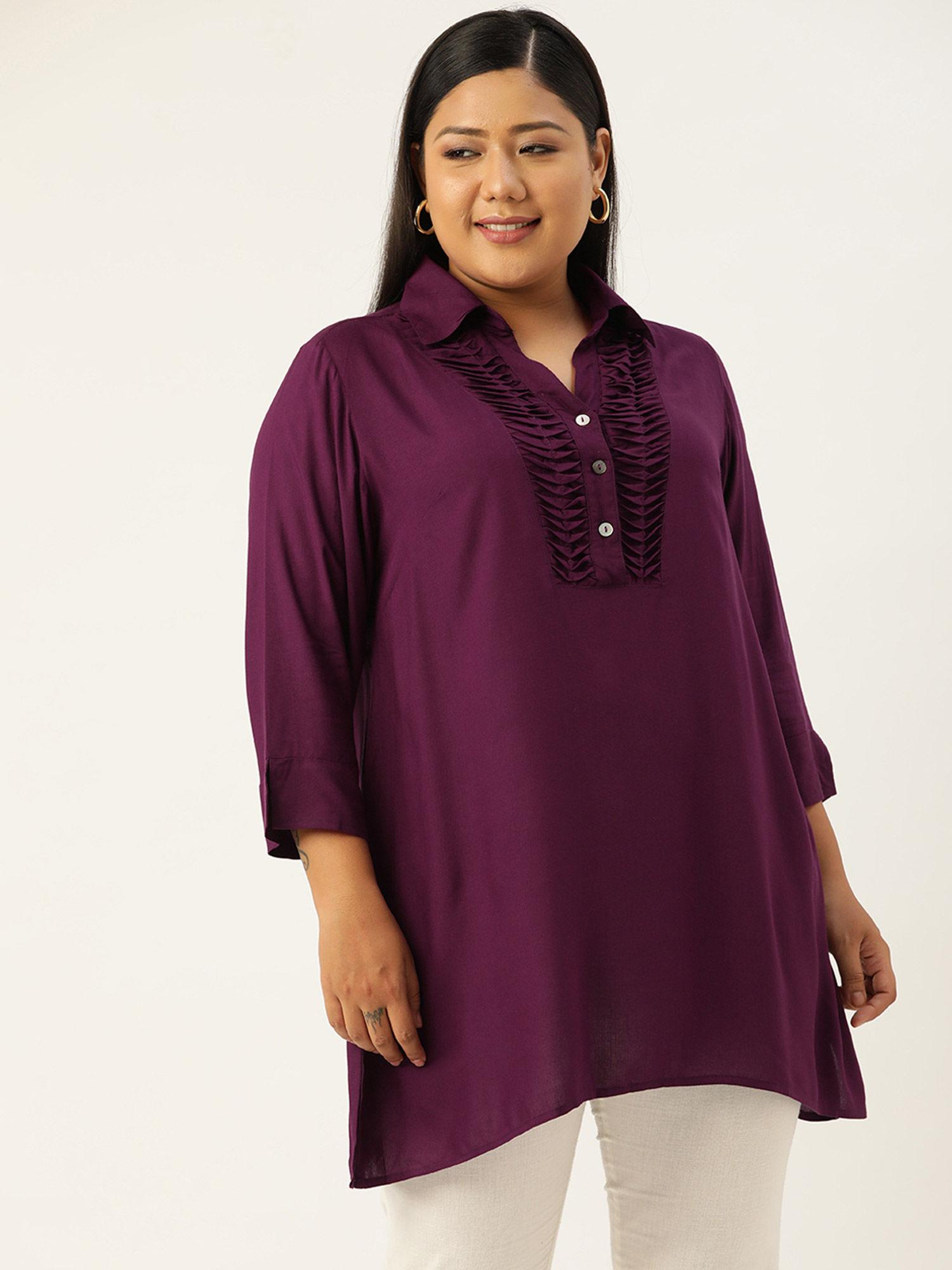 plus size womens plum solid colour shirt collar tunic top