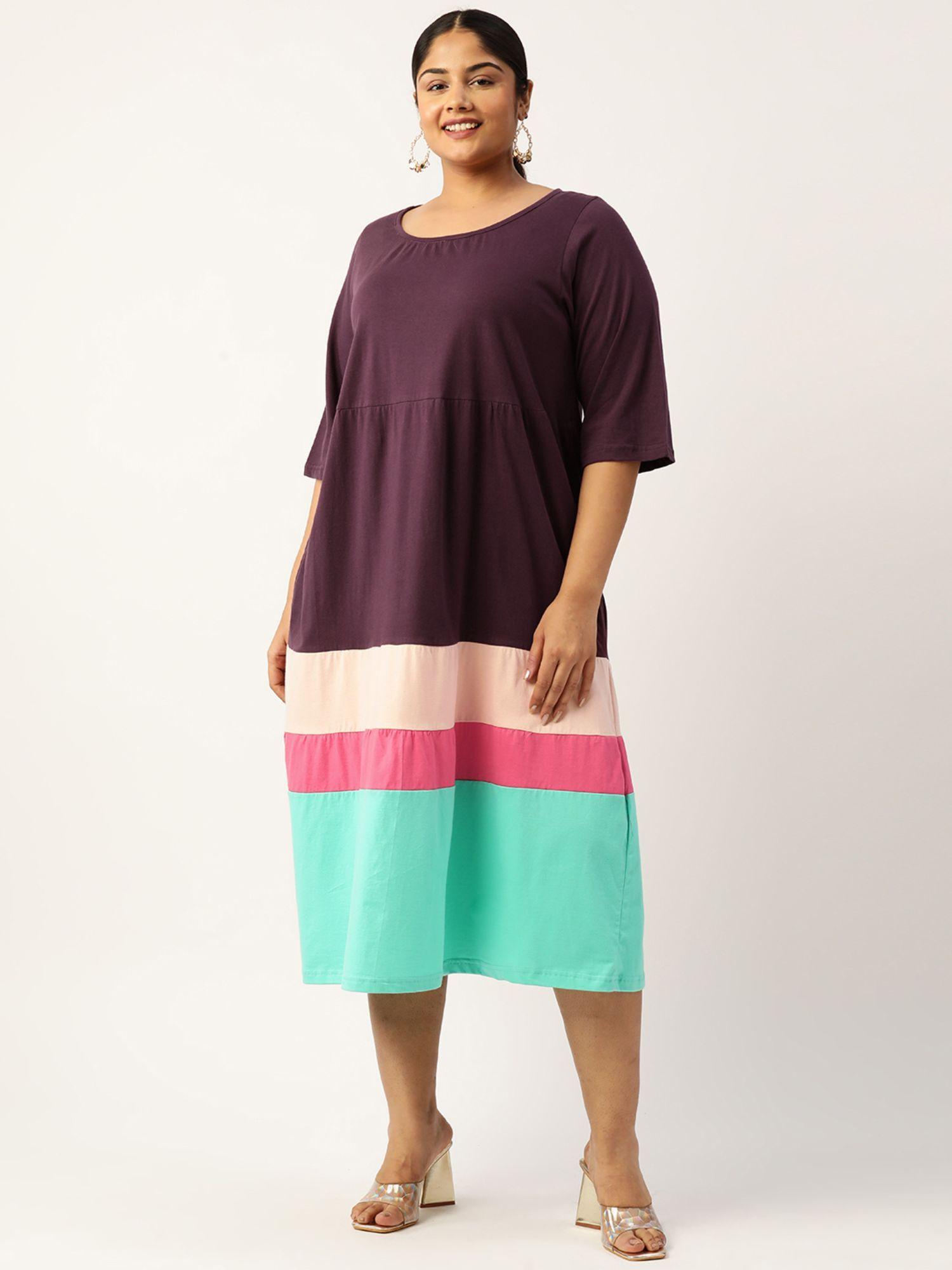 plus size womens purple colourblocked a line midi cotton dress