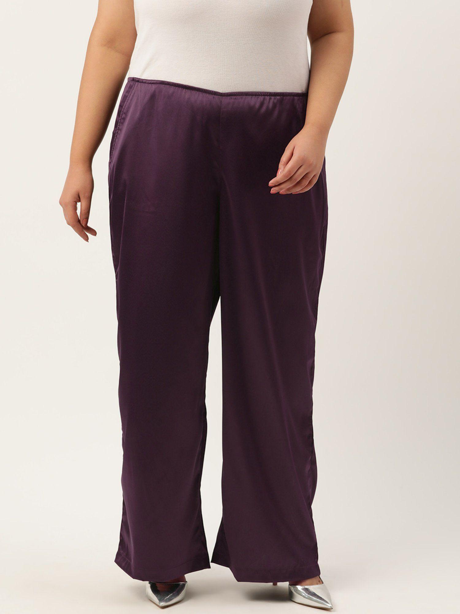 plus size womens purple solid color high rise satin trousers