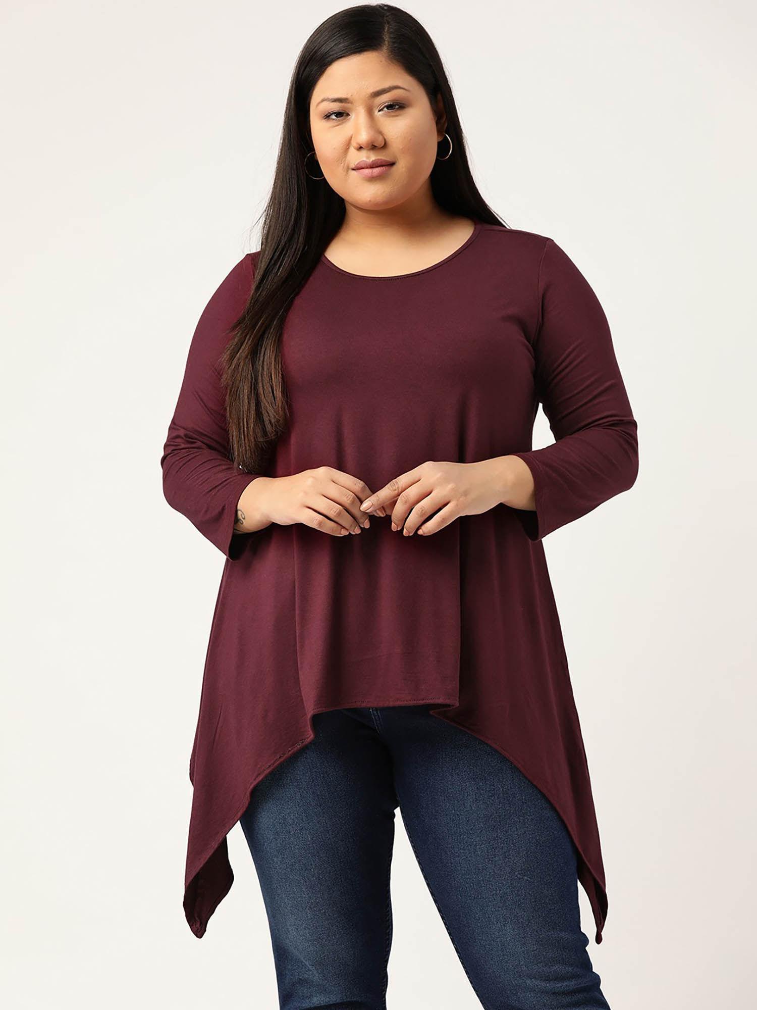 plus size womens purple solid color knitted asymmetrical top