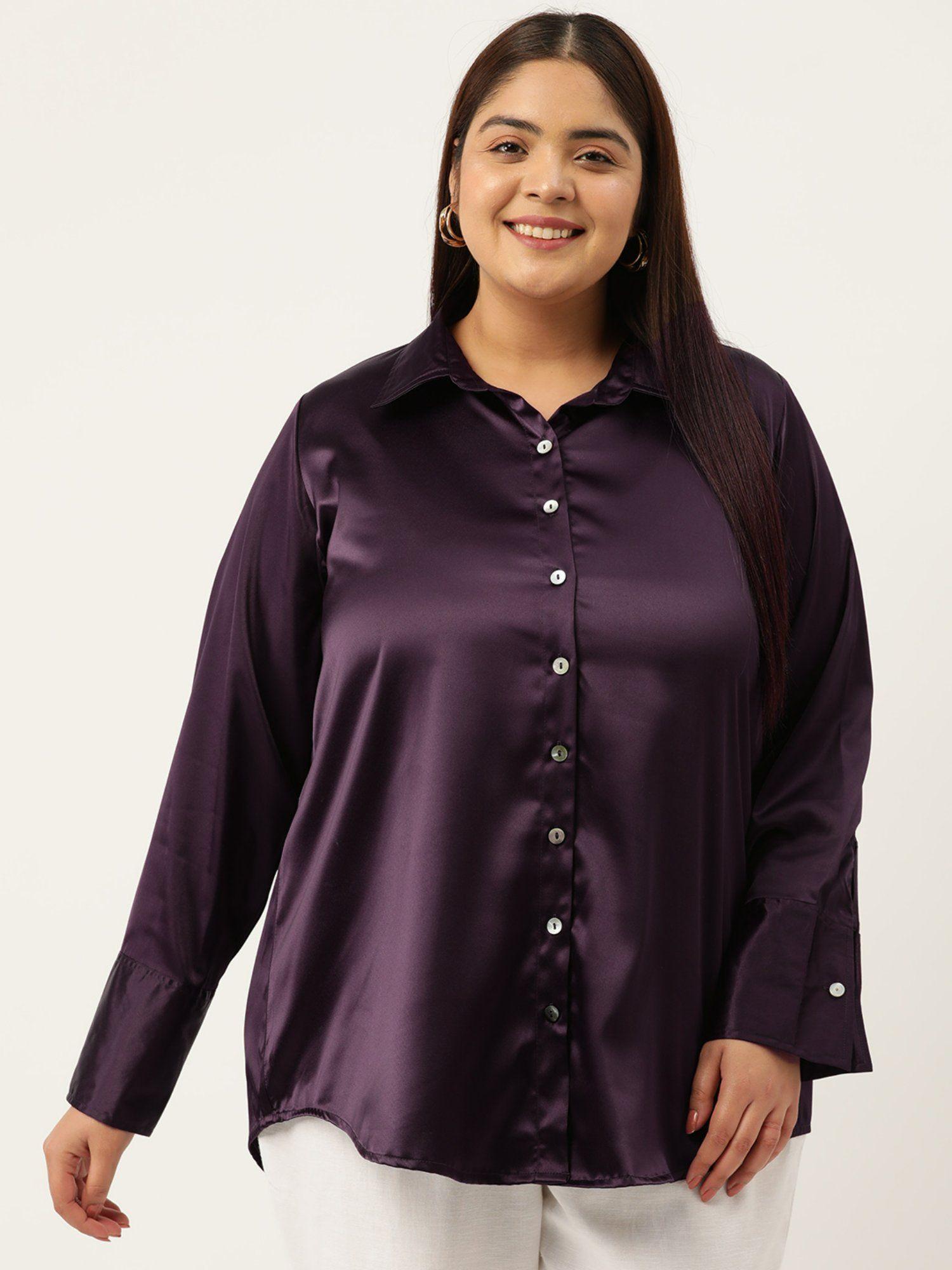 plus size womens purple solid color party wear satin shirt