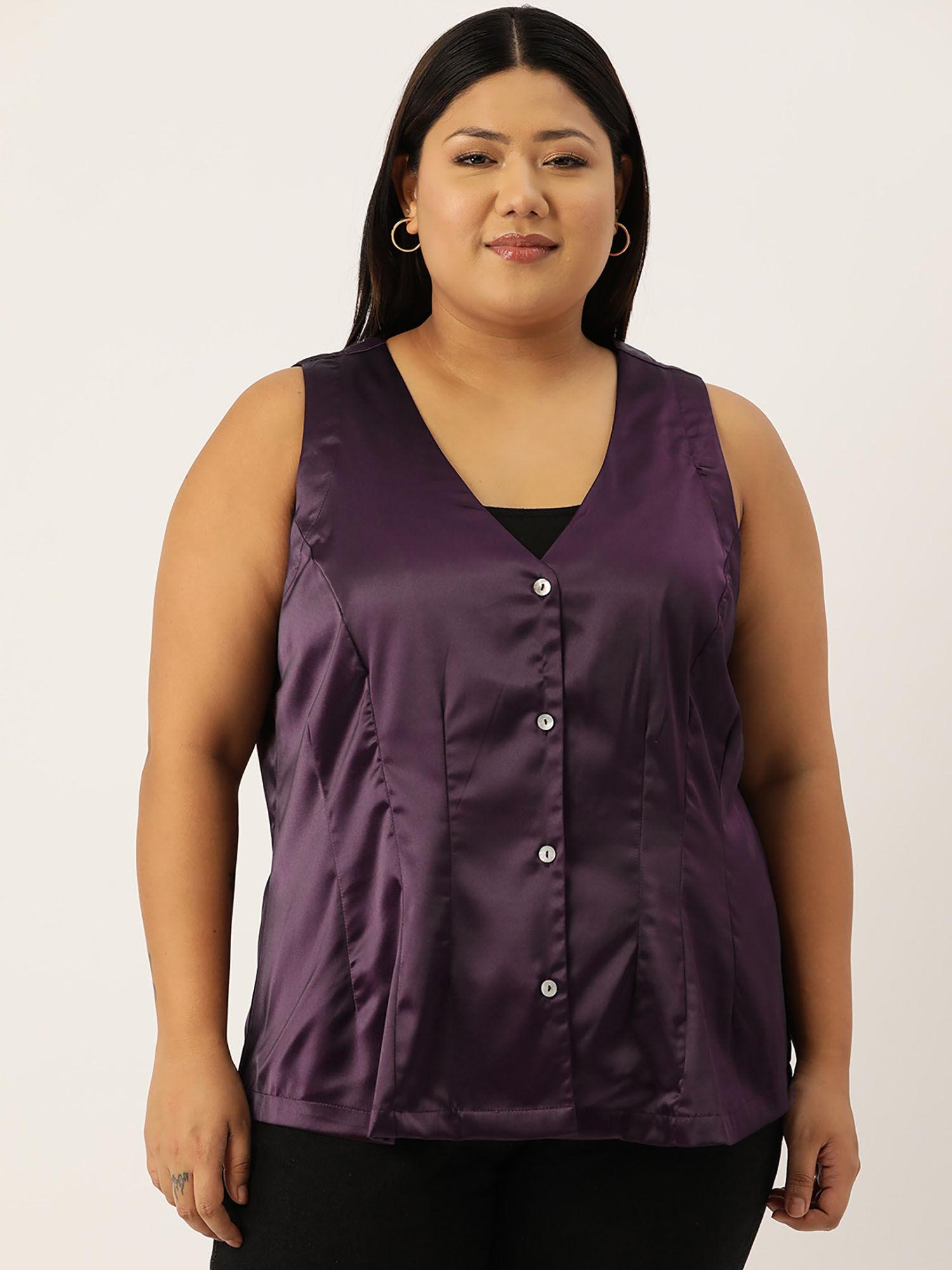 plus size womens purple solid color satin sleeveless top