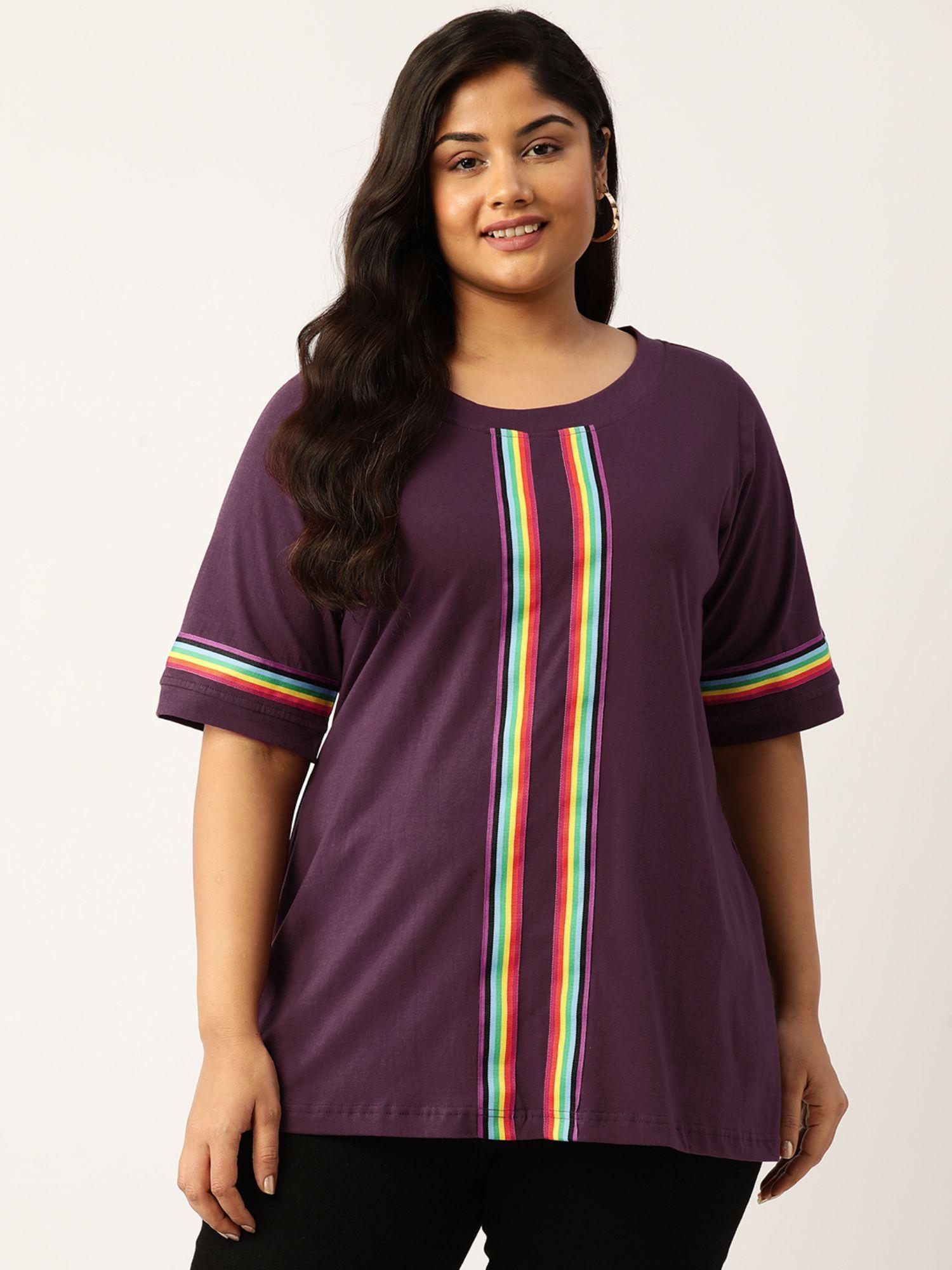 plus size womens purple solid color with striped detail cotton t shirt